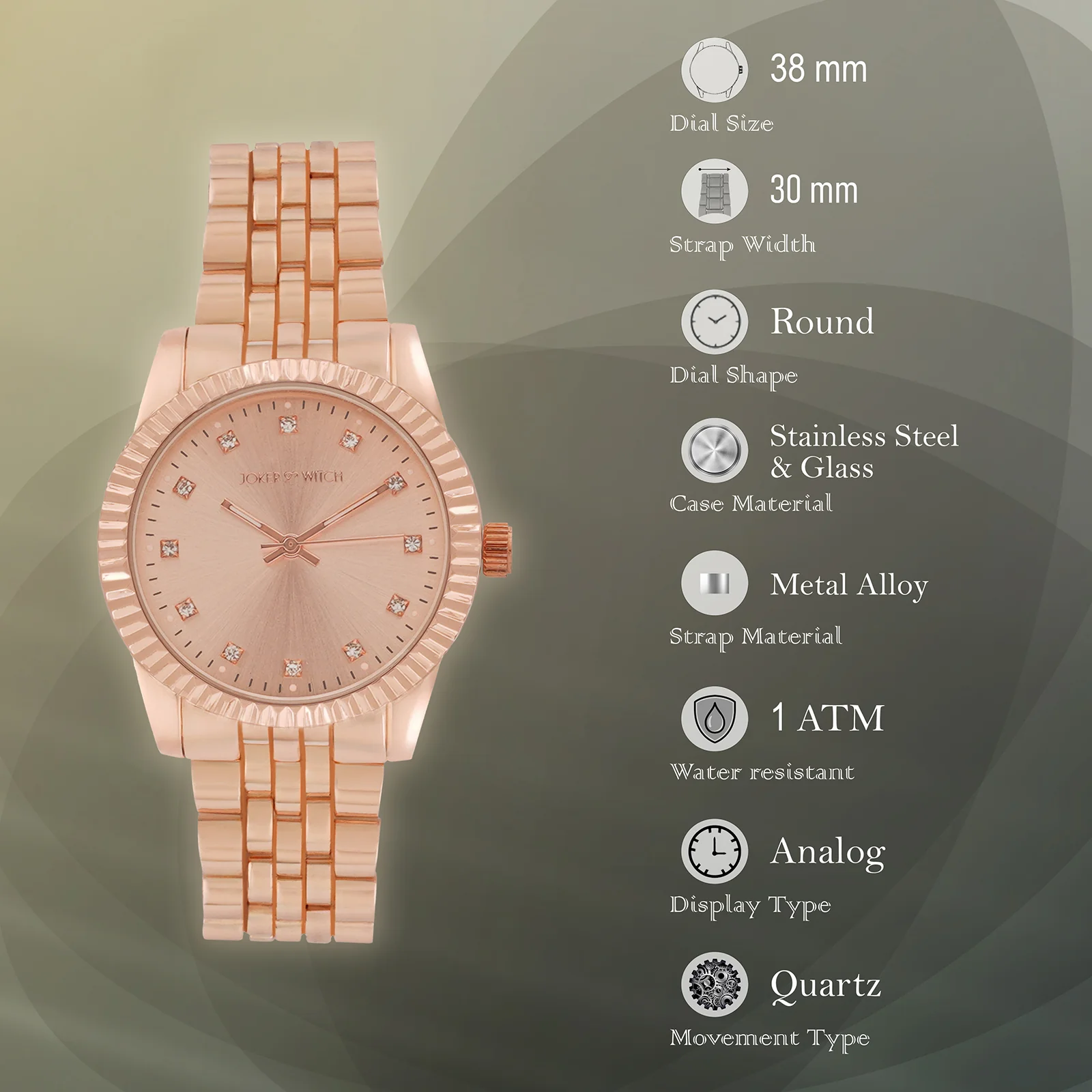 Meridian Rose Gold Large Dial Linked Chain Strap Women's Watch - Image 7