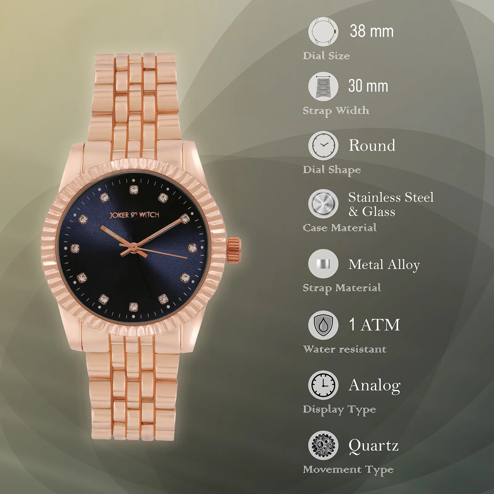 Meridian Blue Large Dial Rose Gold Linked Chain Strap Women's Watch - Image 7