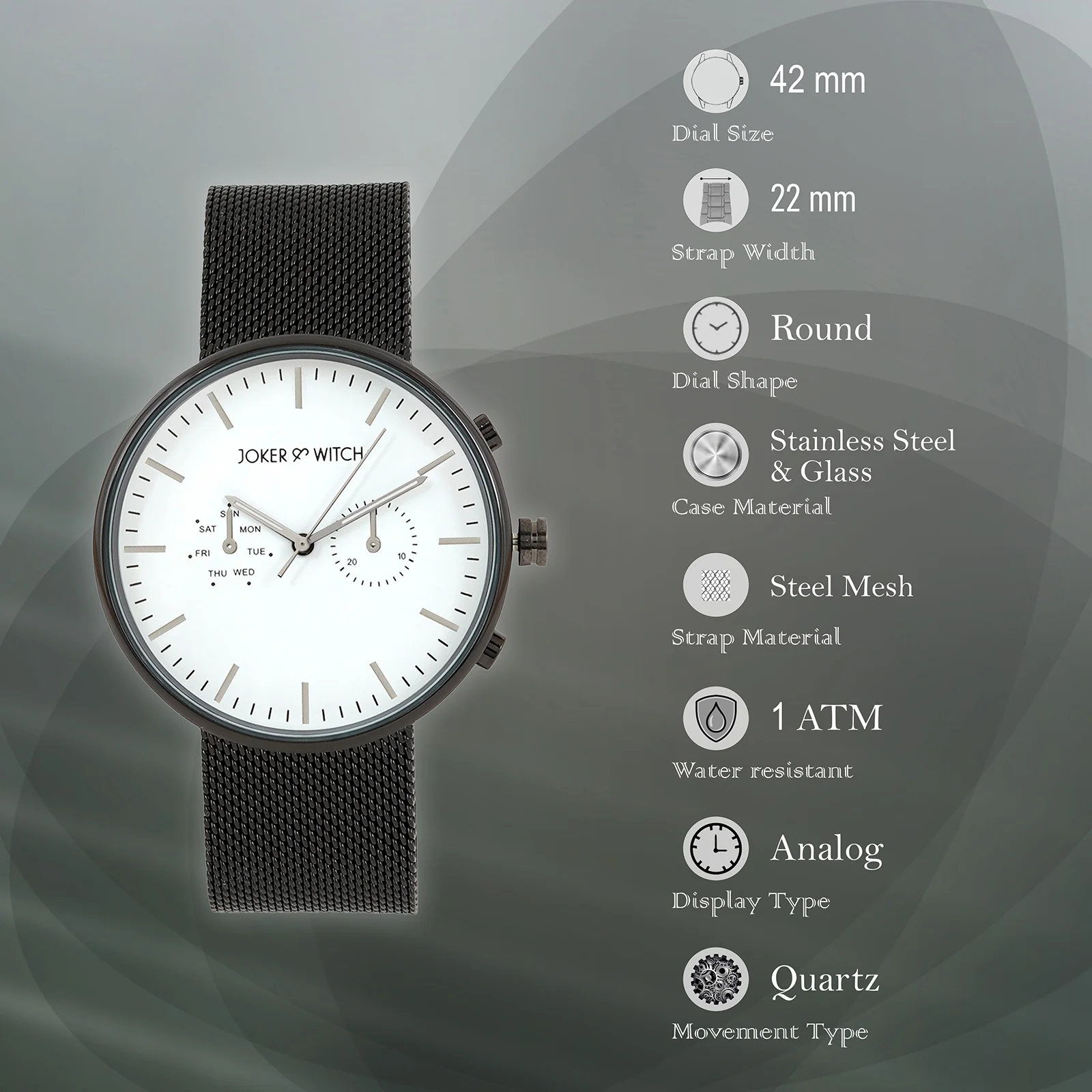 Miami White Large Dial Black Mesh Strap Men's Watch - Image 7