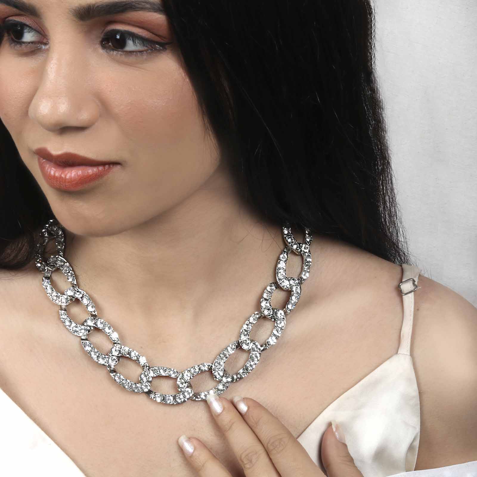 Michele Silver Rhinestone Studded Choker Necklace - Image 2