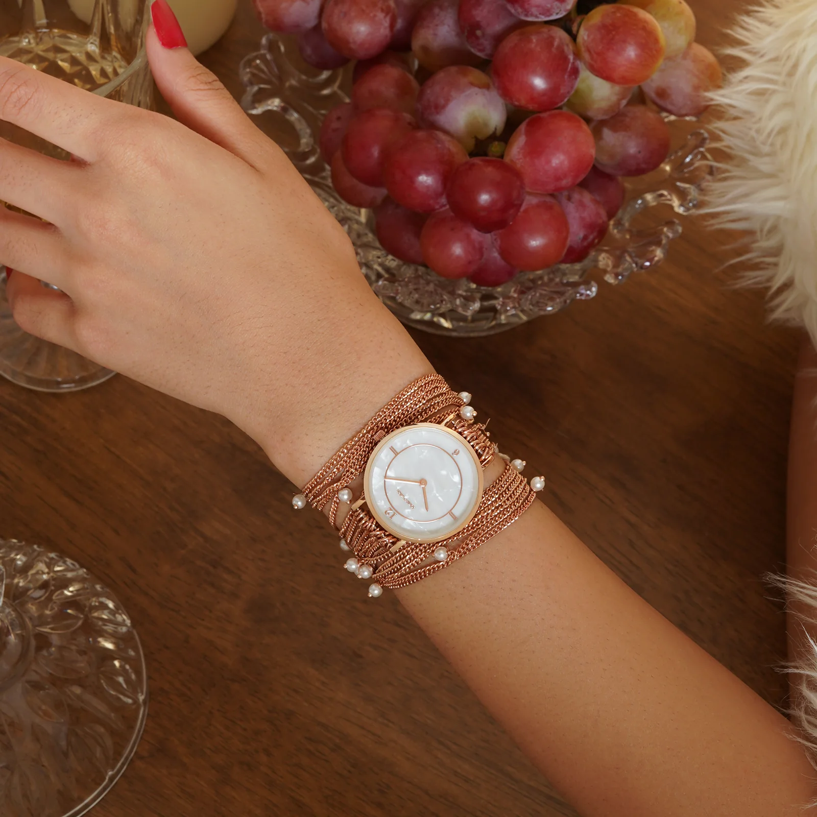 Millicent White Medium Dial Rose Gold Pearl Wrap Around Strap Women's Watch - Image 3