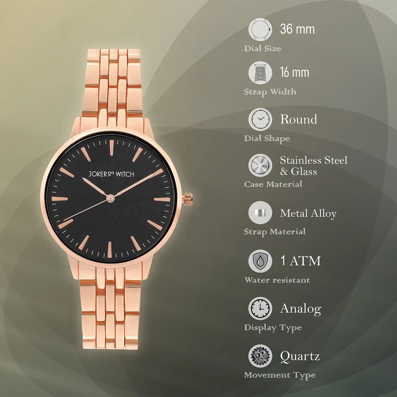 Mini Aimee Black Medium Dial Rose Gold Linked Chain Strap Women's Watch - Image 7