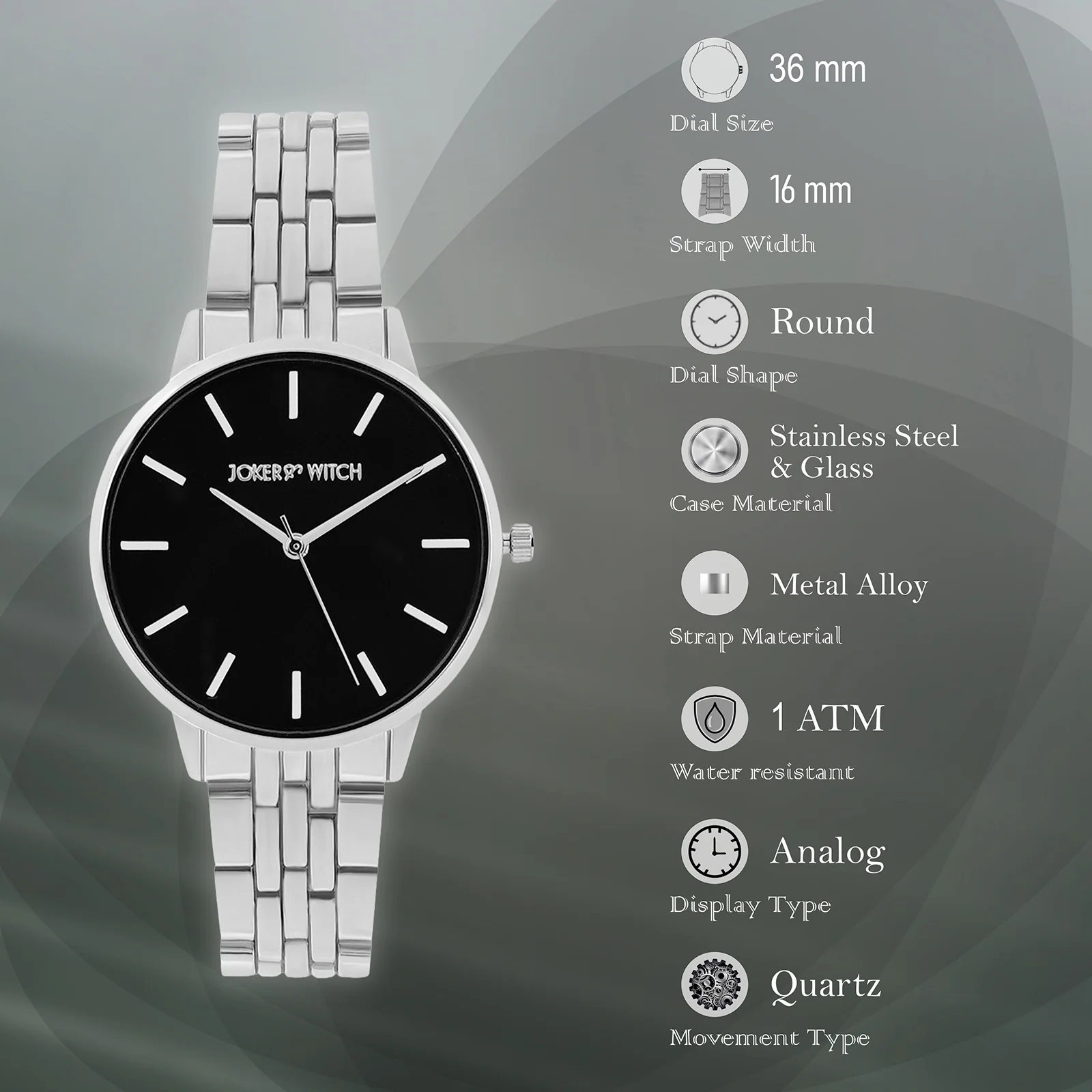 Mini Nebula Black Medium Dial Silver Linked Chain Strap Women's Watch - Image 7