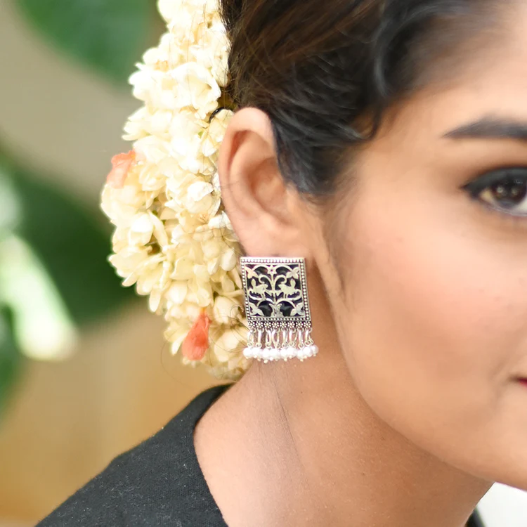 Miniature Black Enamel Silver Earrings - Image 2