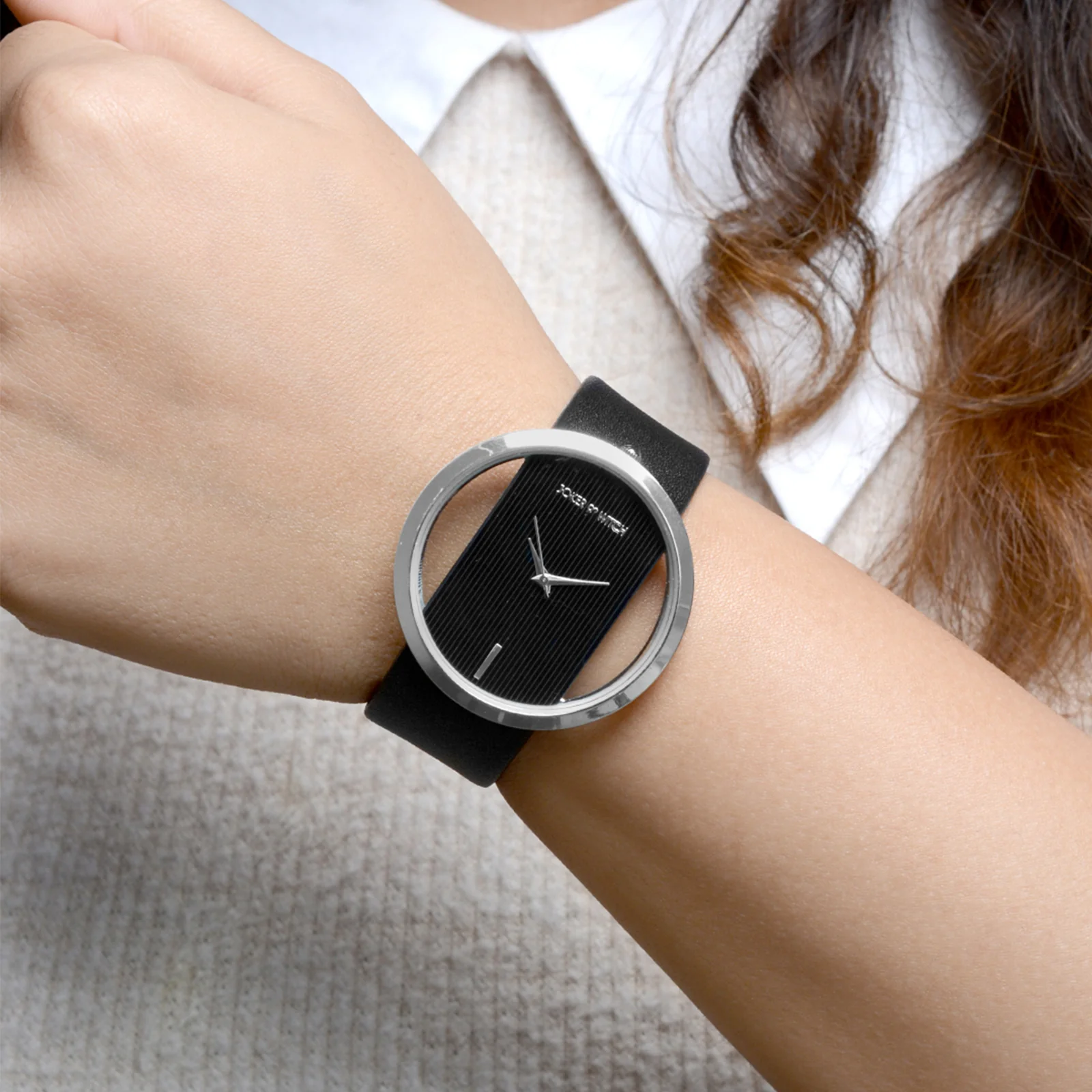 Futuristic Silver Black Large Dial PU Strap Women's Watch - Image 3
