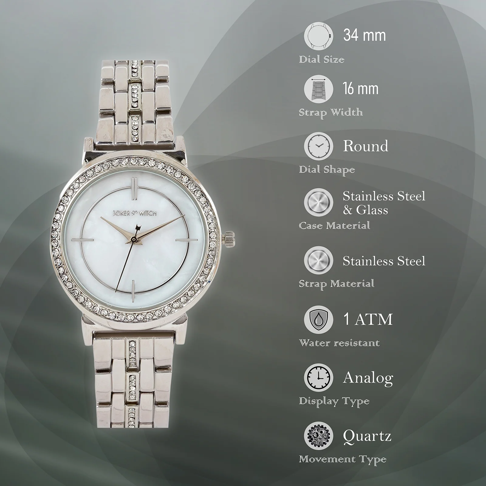 Moonlight White Medium Rhinestone Dial Silver Linked Chain Strap Women's Watch - Image 7