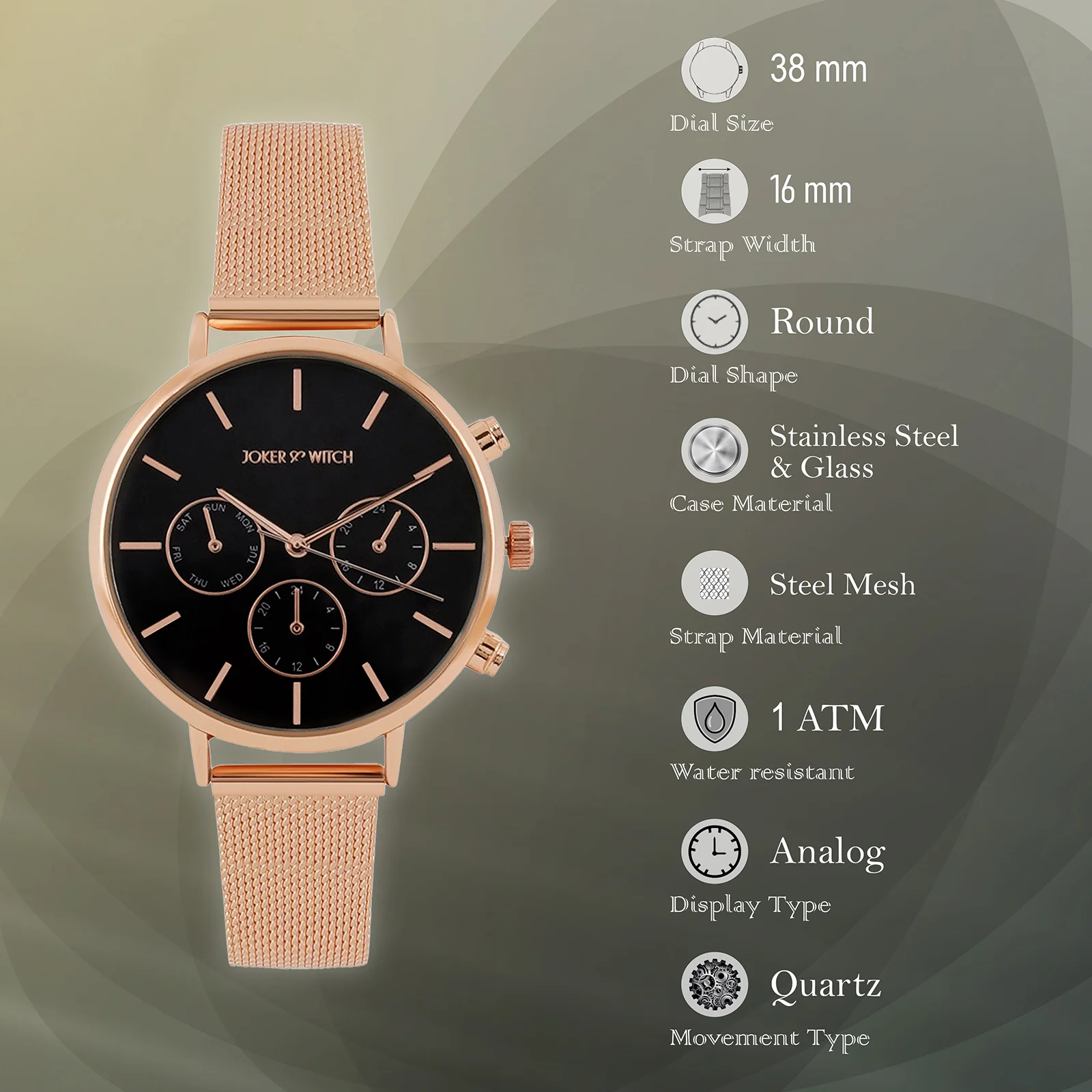 Moscow Black Large Dial Rose Gold Mesh Strap Women's Watch - Image 7