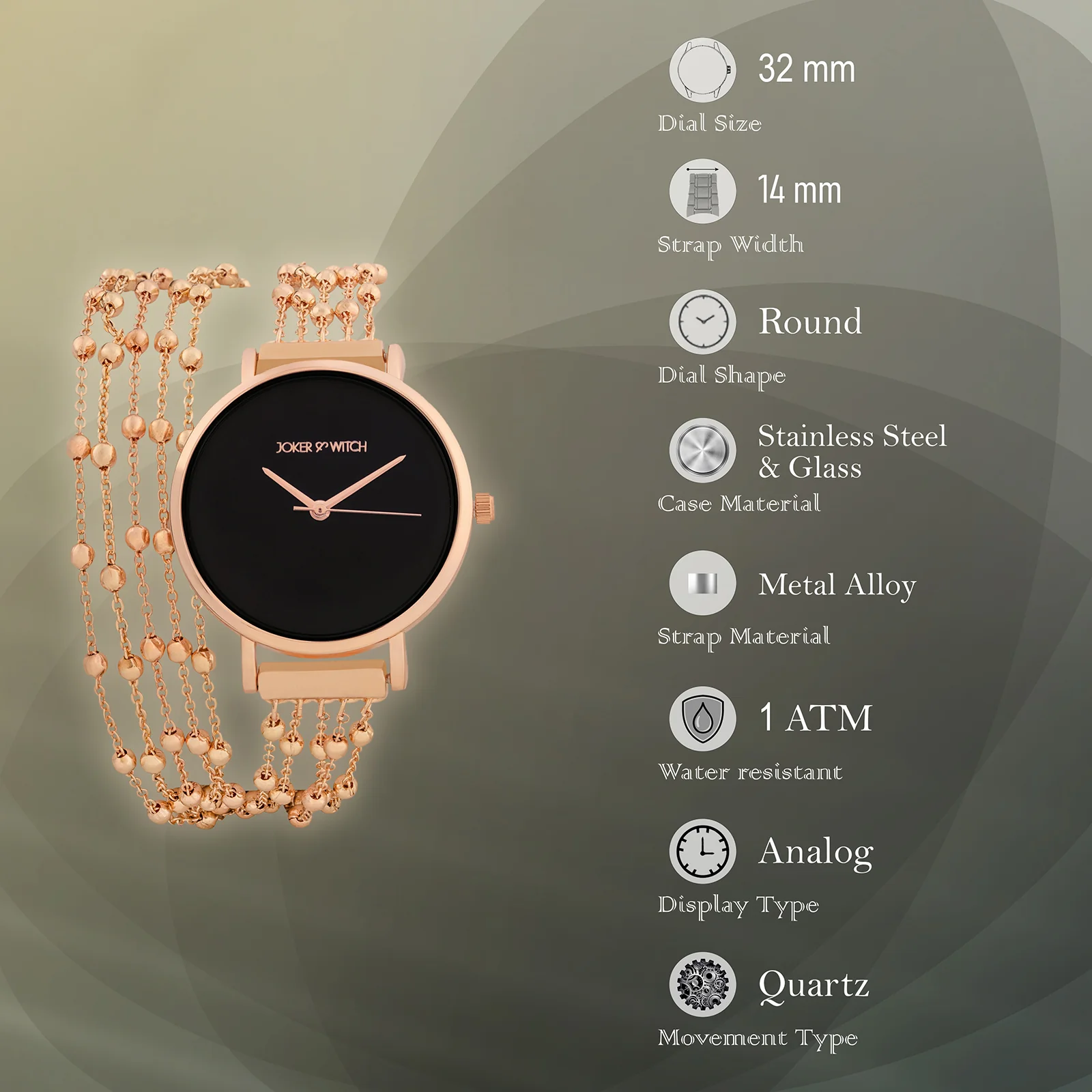 Nami Black Medium Dial Rose Gold Chain Wrap Around Strap Women's Watch - Image 7