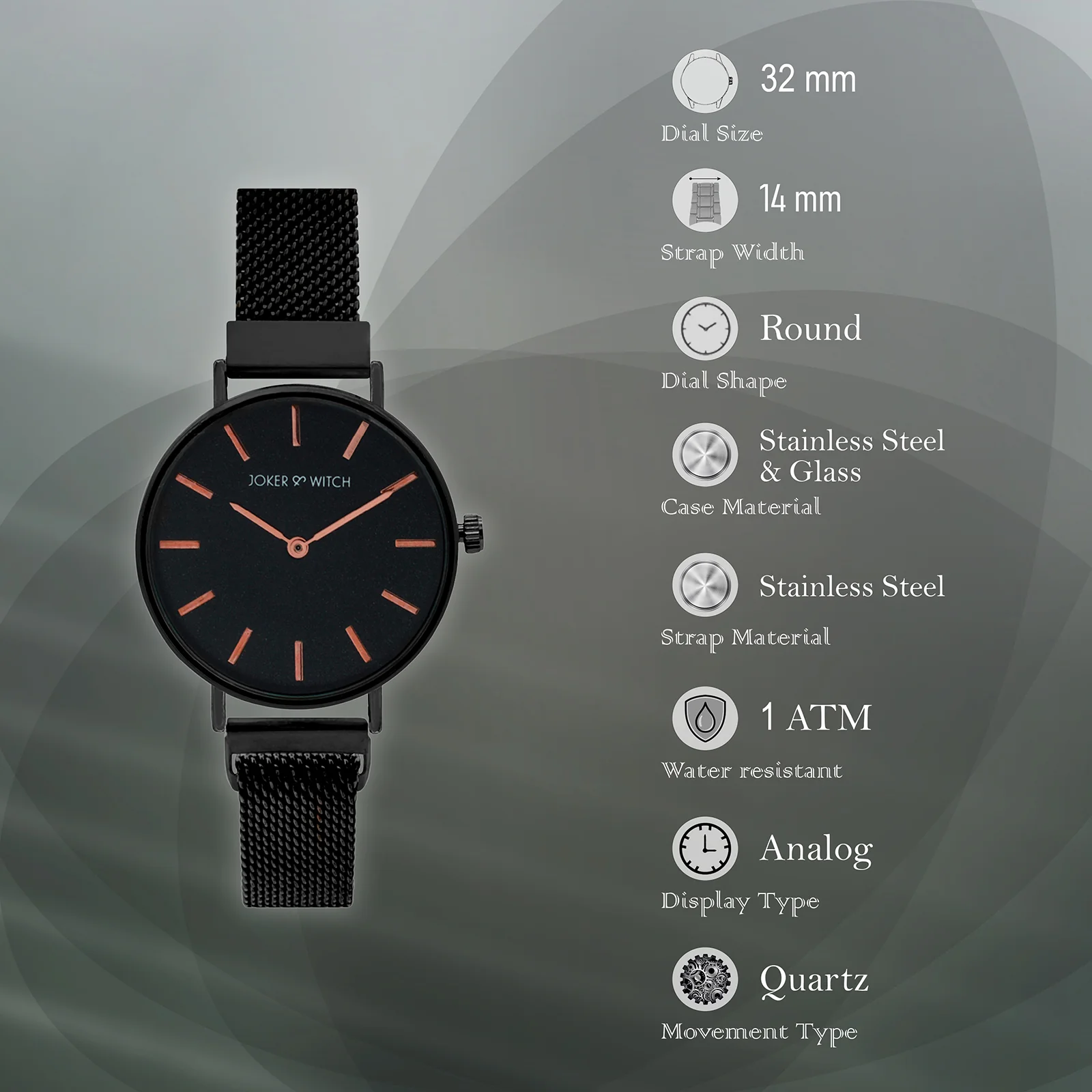 Natalie Rose Gold Black Medium Dial Magnetic Strap Women's Watch - Image 6