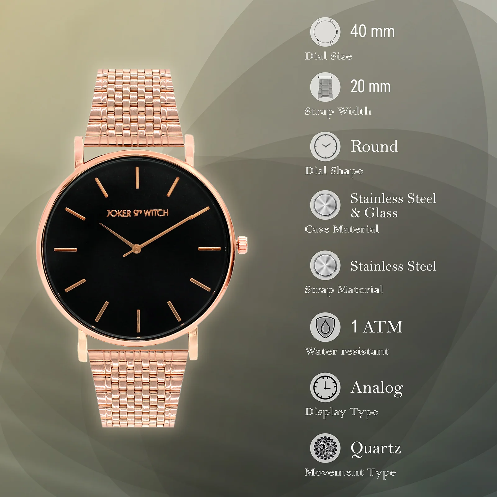 Nebula Black Large Dial Rose Gold Linked Chain Strap Women's Watch - Image 8