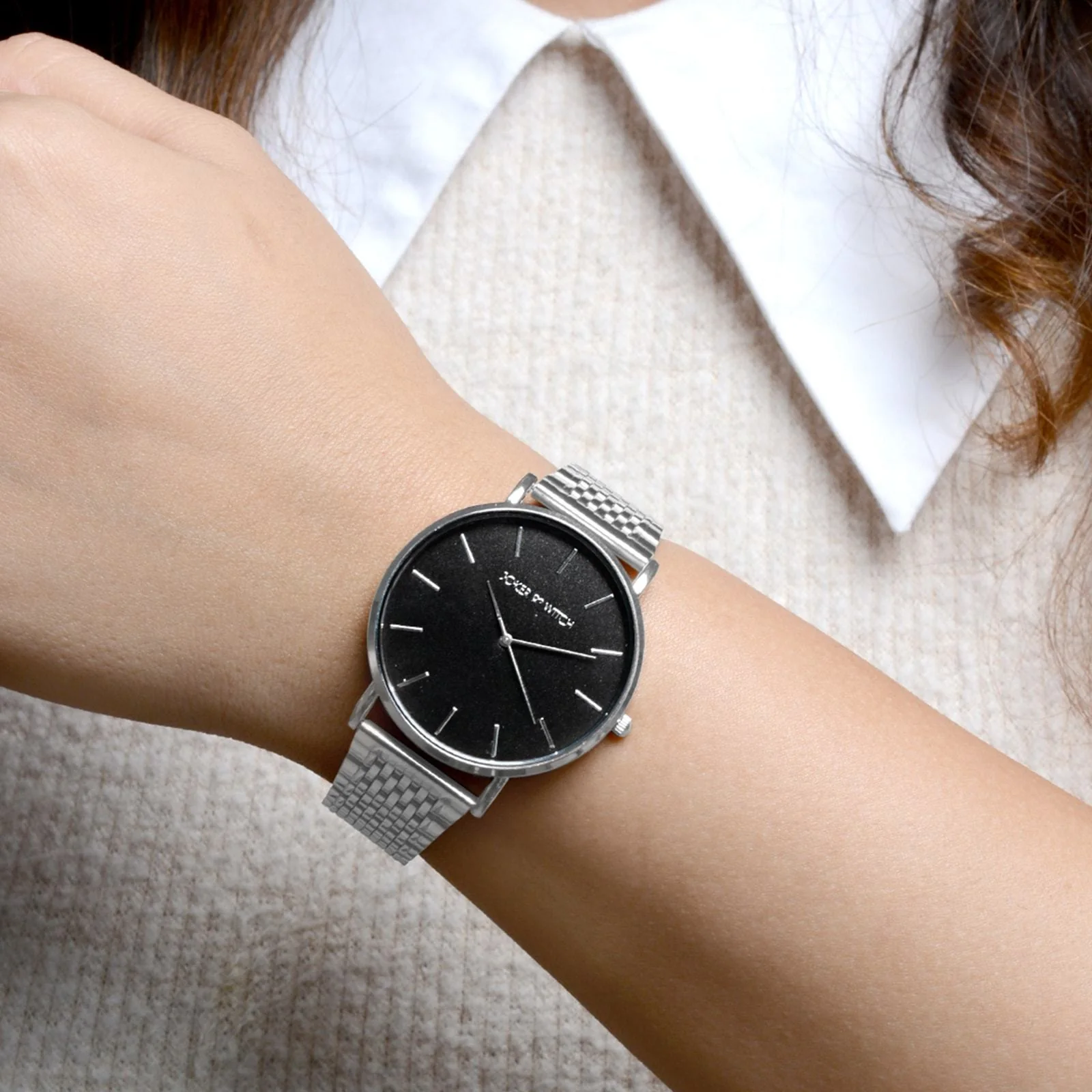 Nebula Black Large Dial Silver Linked Chain Strap Women's Watch - Image 3