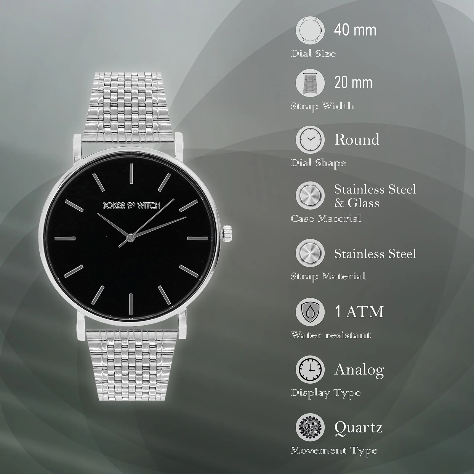 Nebula Black Large Dial Silver Linked Chain Strap Women's Watch - Image 8