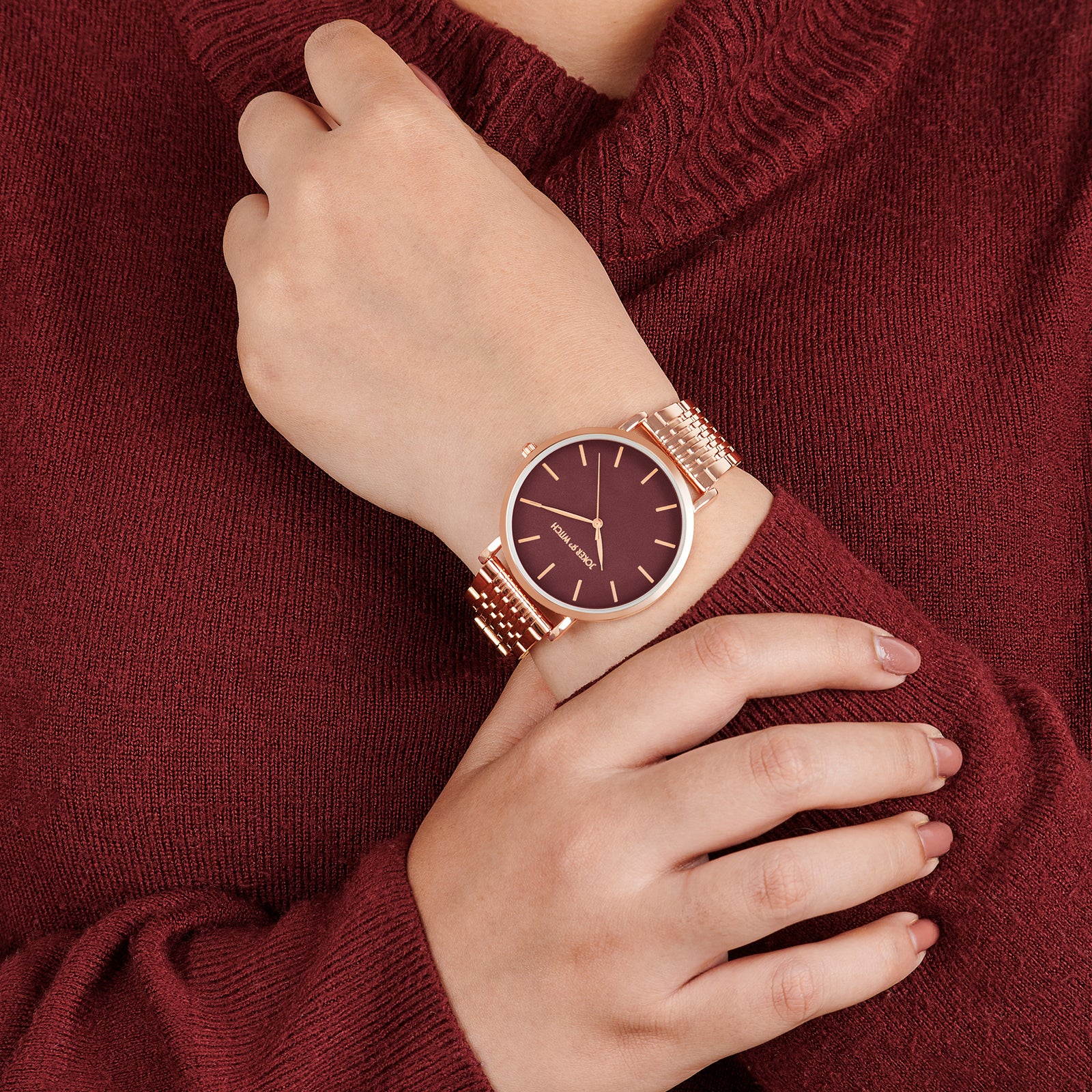 Nebula Maroon Large Dial Rose Gold Linked Chain Strap Women's Watch - Image 2