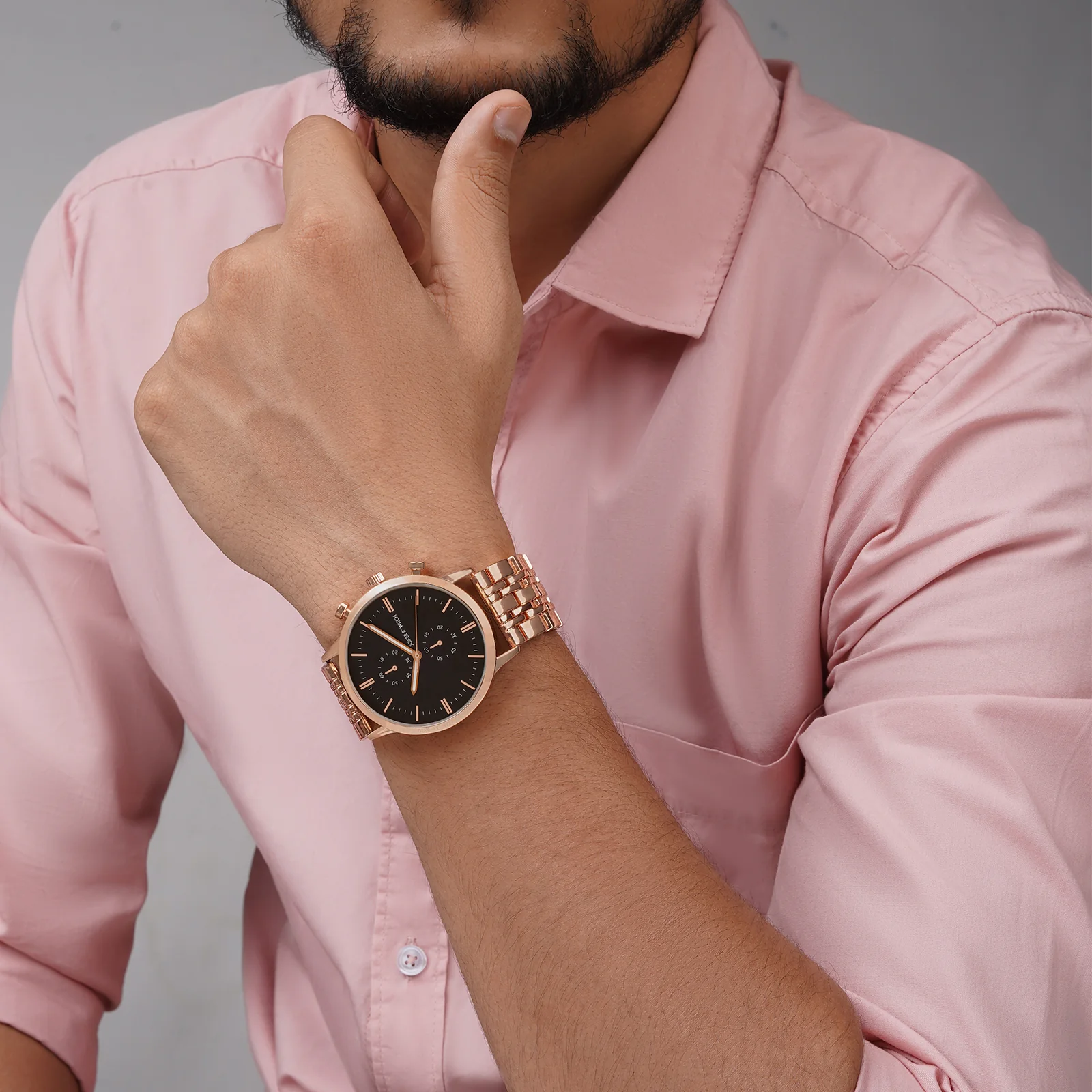Niko Black Large Dial Rose Gold Linked Chain Strap Men's Watch - Image 3