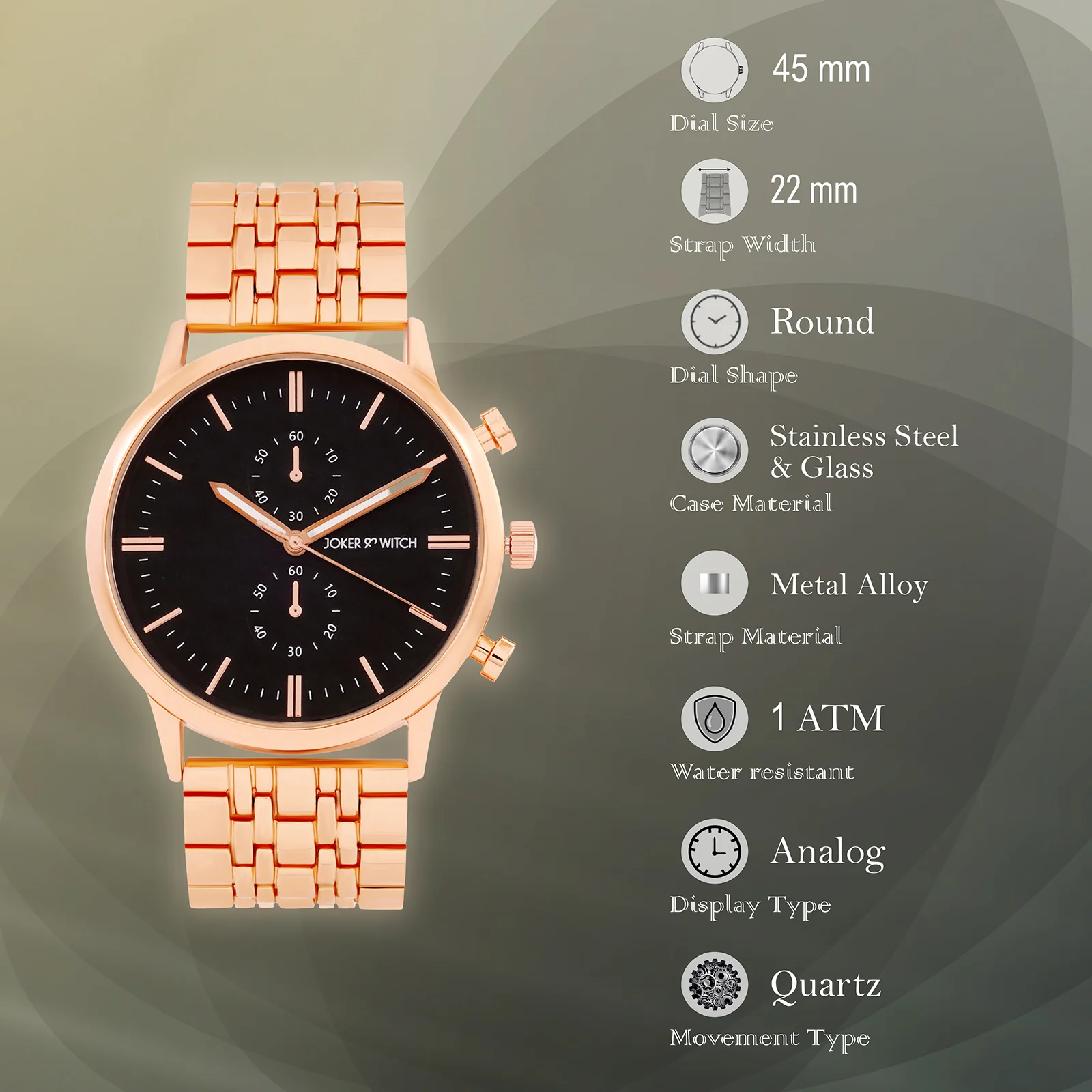 Niko Black Large Dial Rose Gold Linked Chain Strap Men's Watch - Image 7