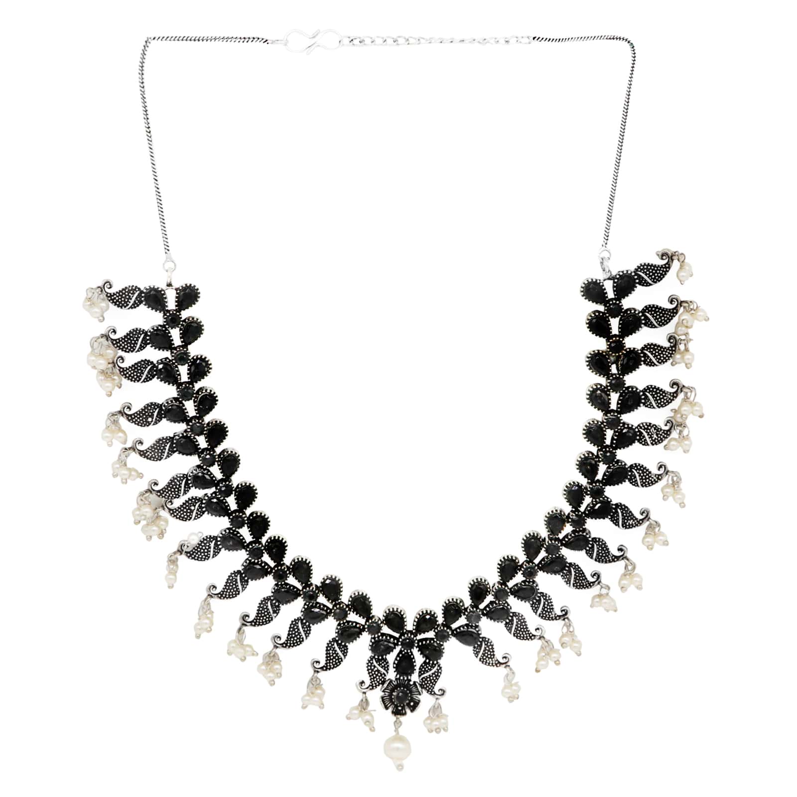 Niranjana Black Stone Silver Oxidized Necklace Set - Image 4