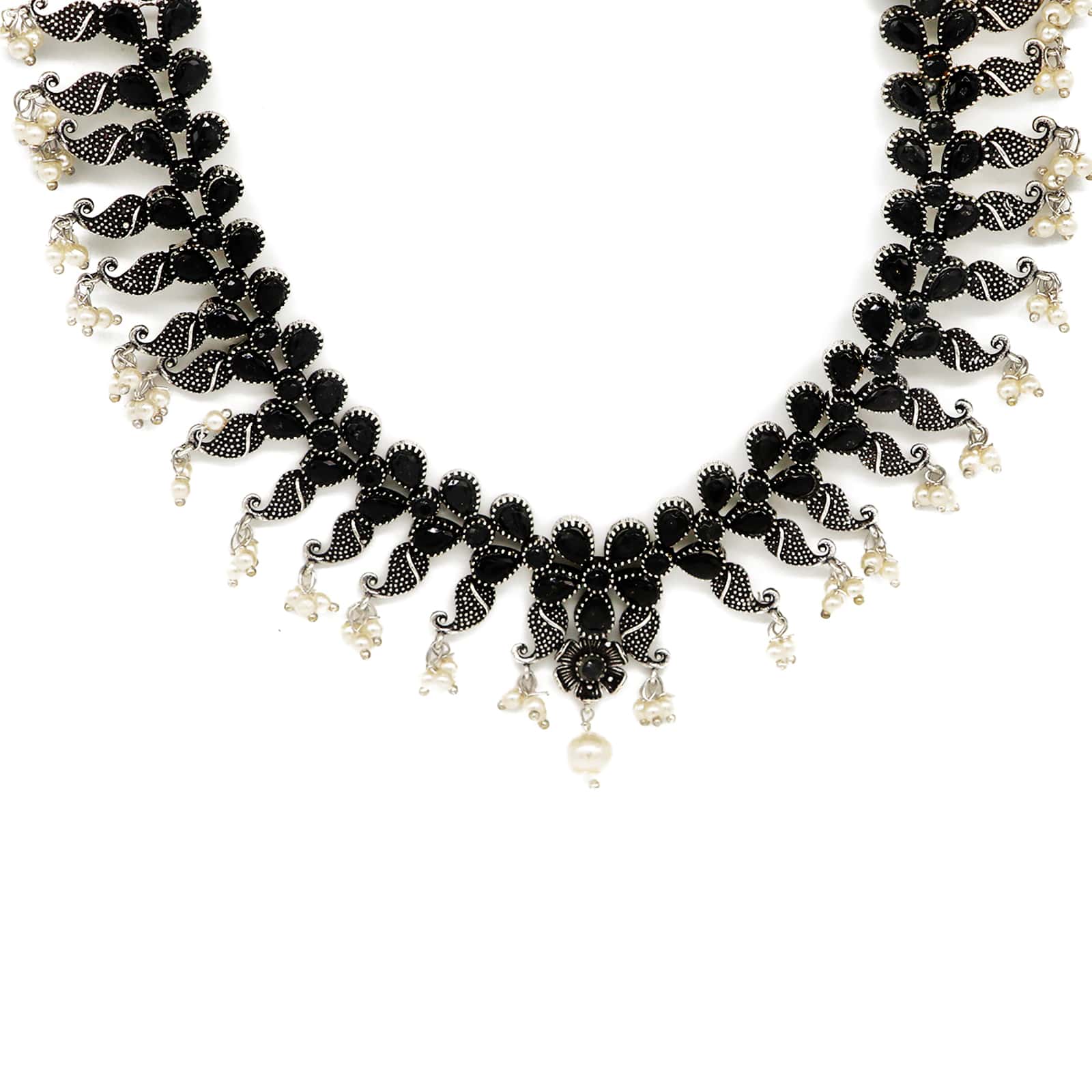 Niranjana Black Stone Silver Oxidized Necklace Set - Image 5