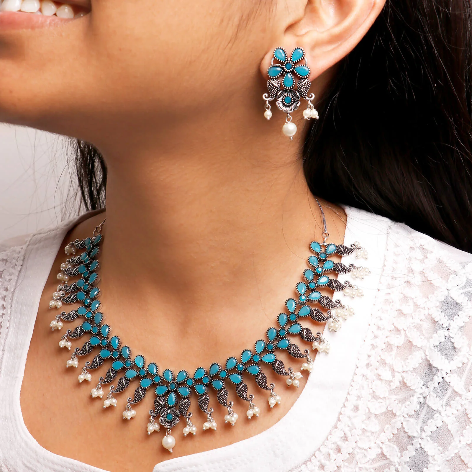 Niranjana Light Blue Stone Silver Oxidized Necklace Set - Image 2