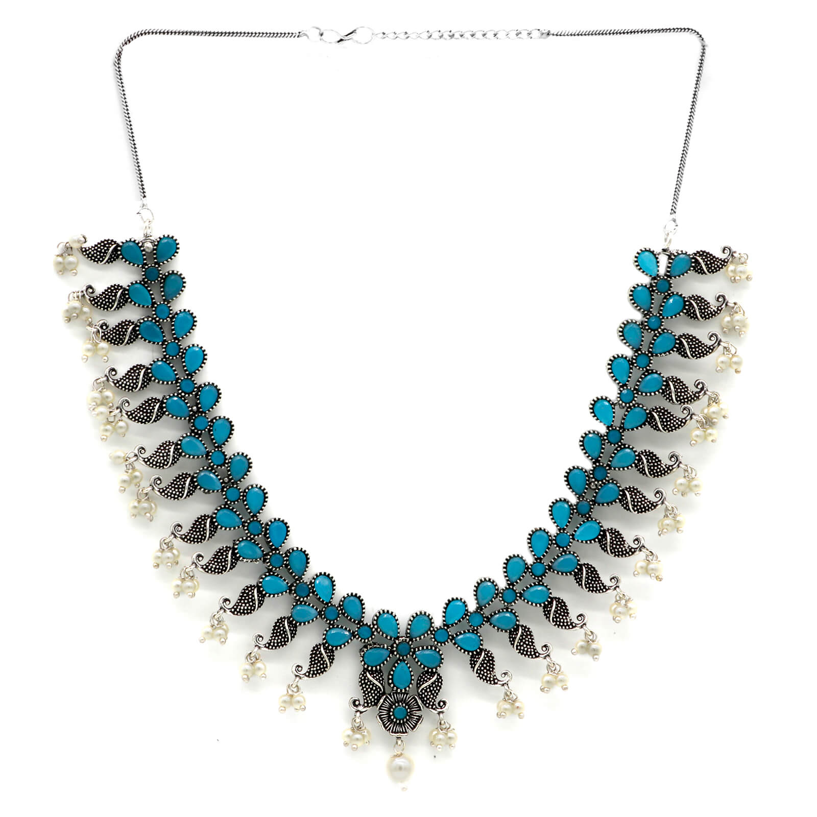 Niranjana Light Blue Stone Silver Oxidized Necklace Set - Image 3