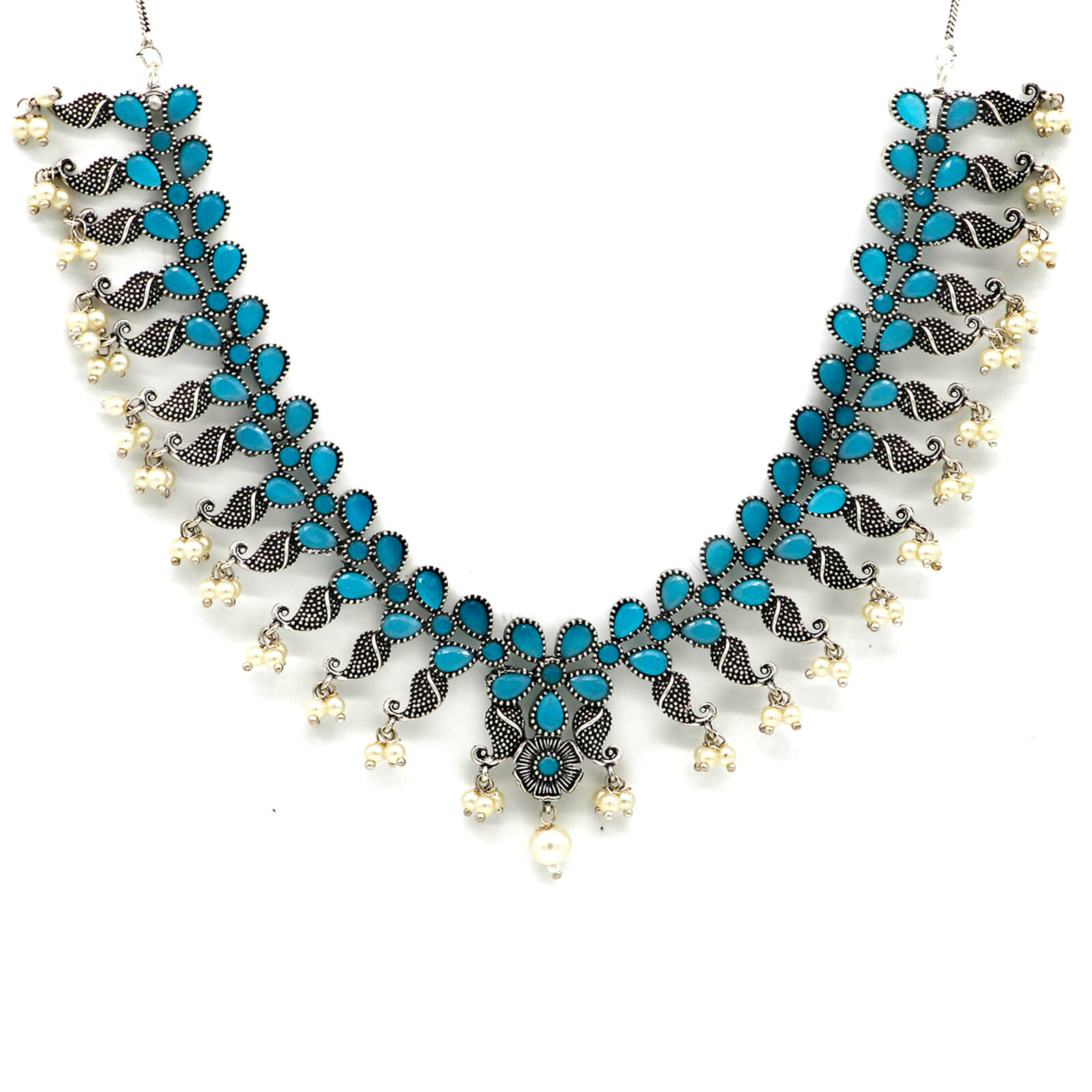 Niranjana Light Blue Stone Silver Oxidized Necklace Set - Image 4