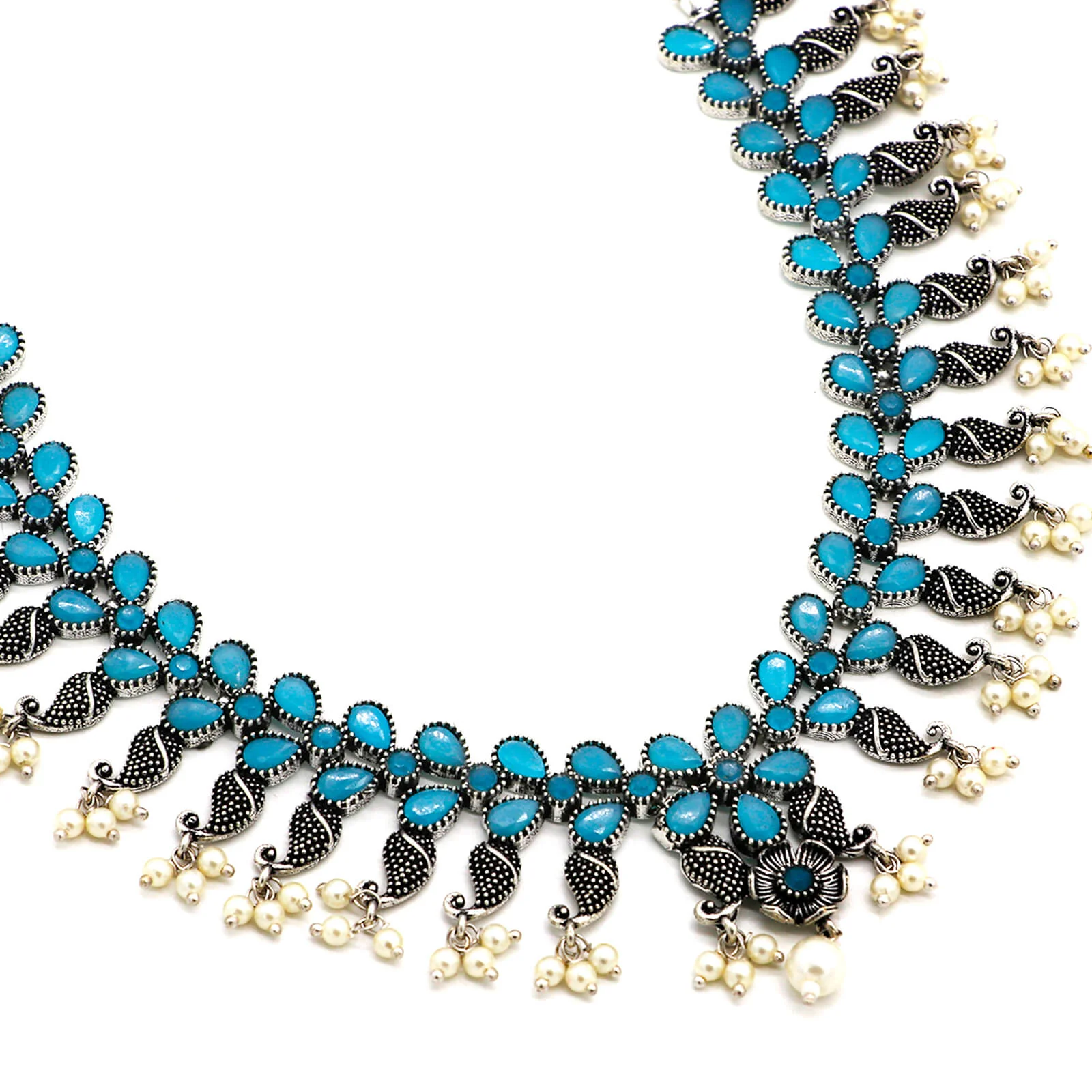 Niranjana Light Blue Stone Silver Oxidized Necklace Set - Image 5
