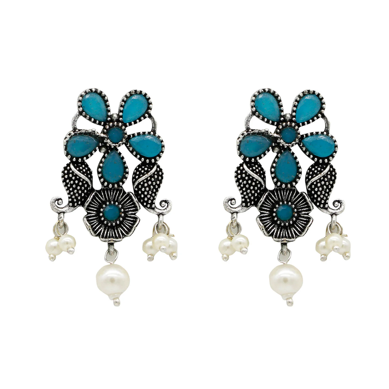 Niranjana Light Blue Stone Silver Oxidized Necklace Set - Image 6