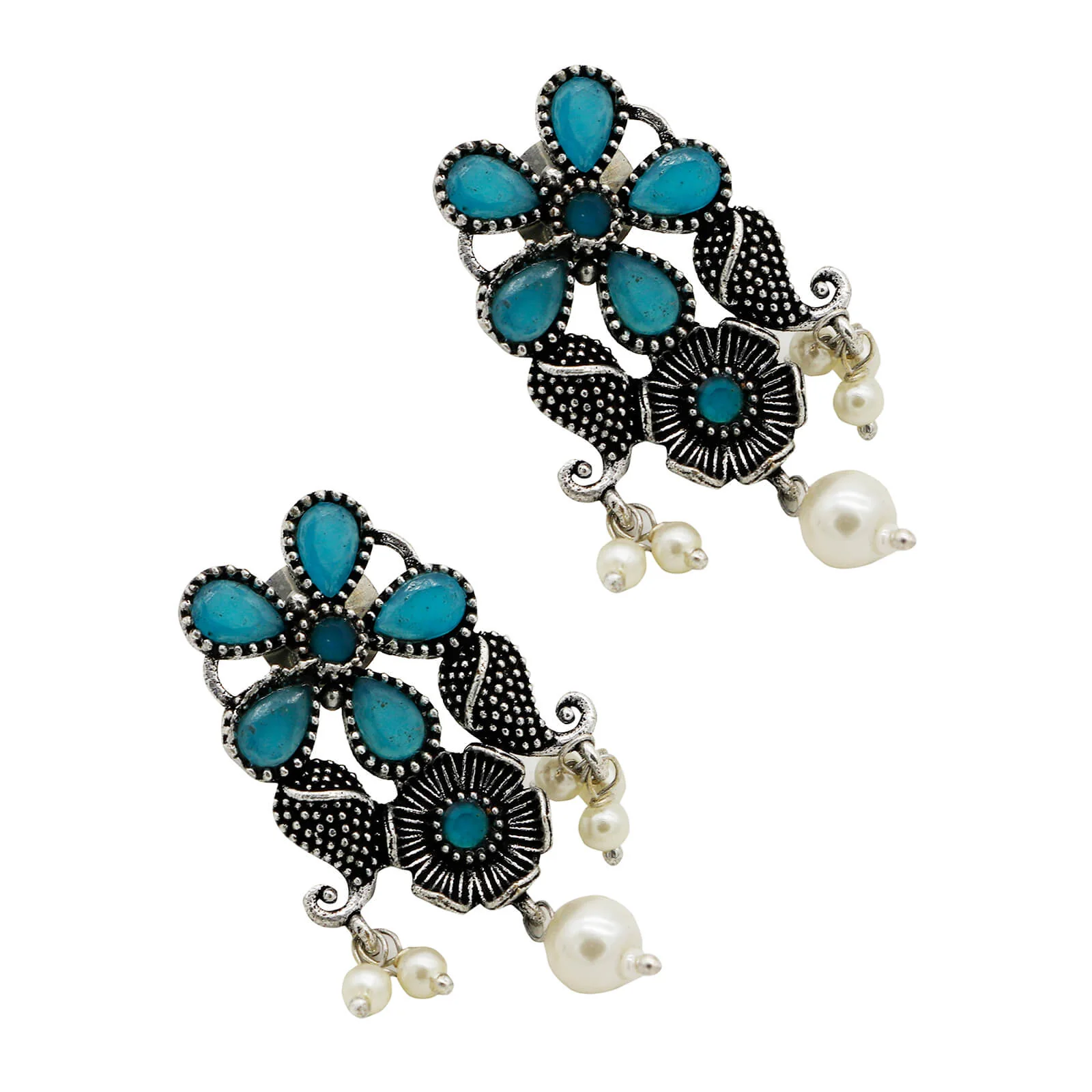 Niranjana Light Blue Stone Silver Oxidized Necklace Set - Image 7