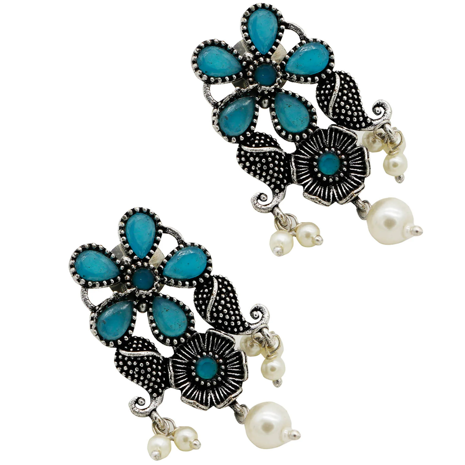 Niranjana Light Blue Stone Silver Oxidized Necklace Set - Image 8