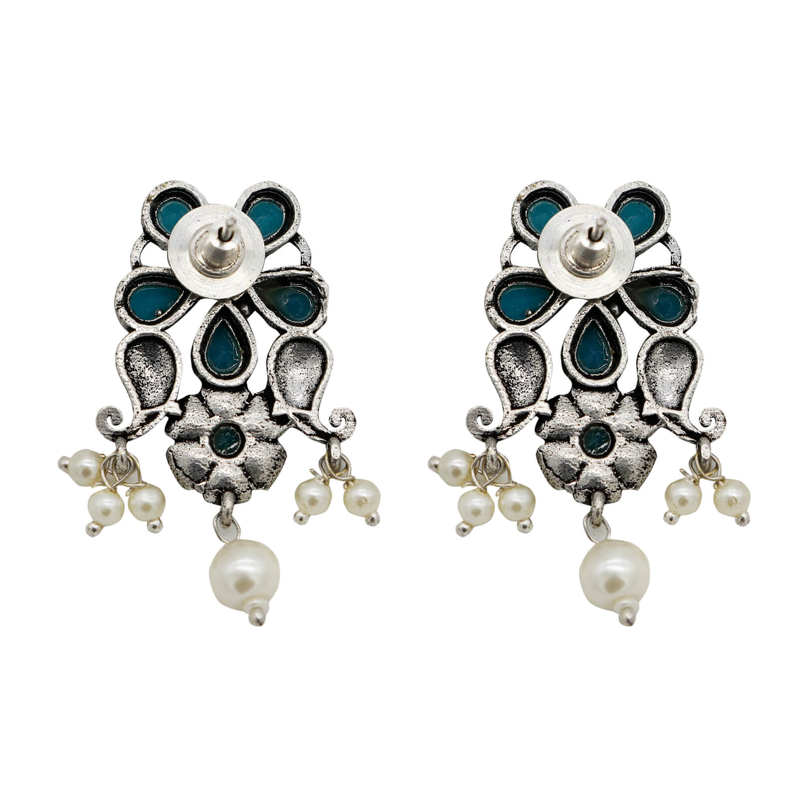 Niranjana Light Blue Stone Silver Oxidized Necklace Set - Image 9