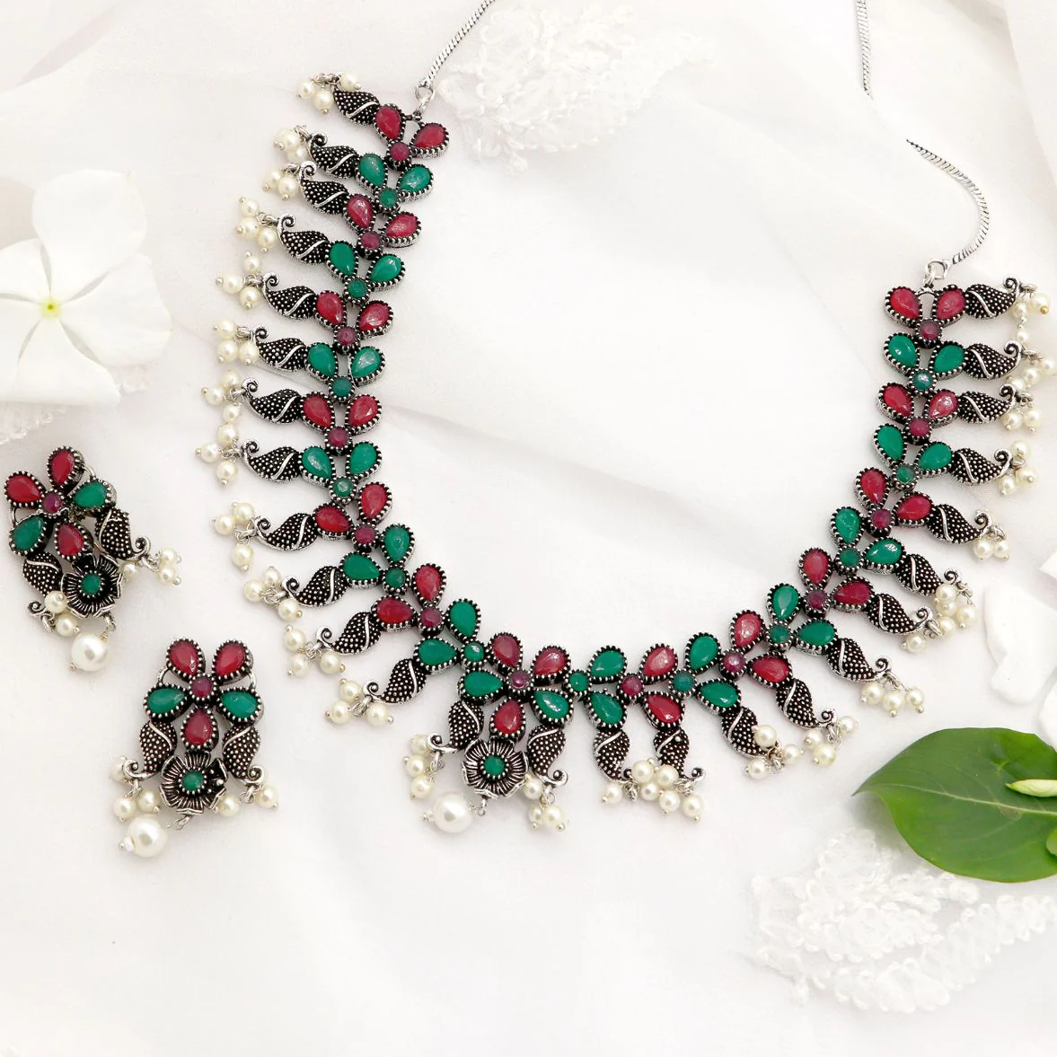 Niranjana Multi colored Silver Oxidized Necklace Set - Image 2