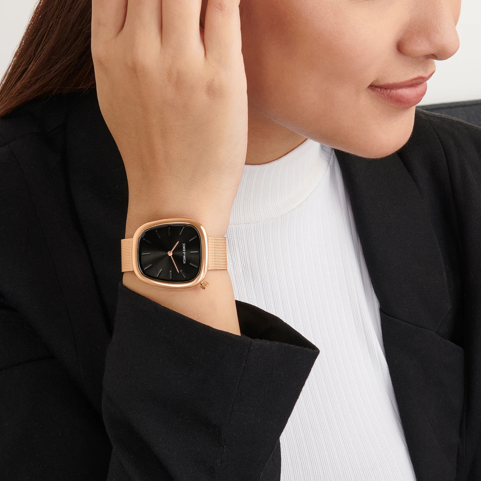 Nocturne Black Small Square Dial Rose Gold Mesh Strap Women's Watch - Image 2