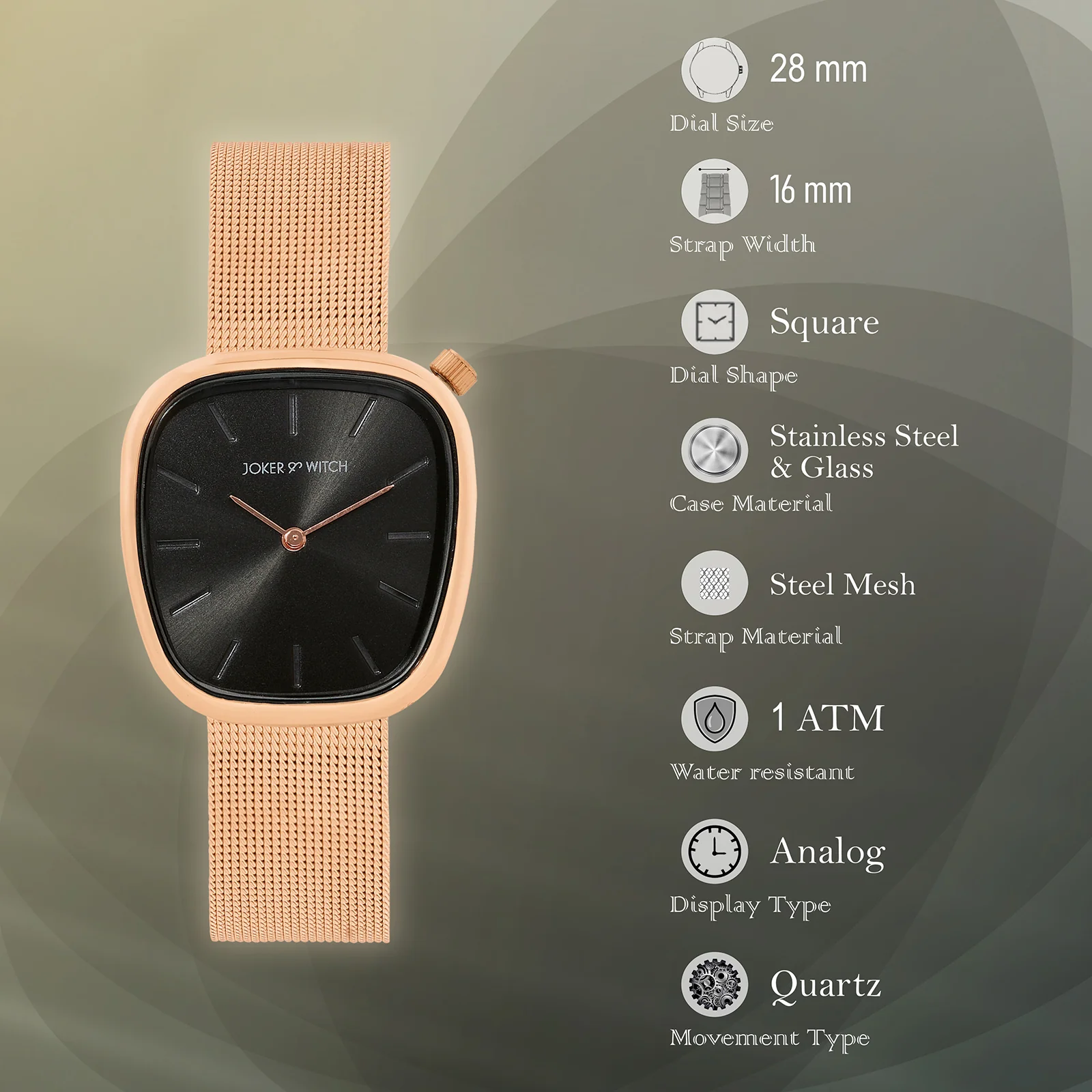 Nocturne Black Small Square Dial Rose Gold Mesh Strap Women's Watch - Image 7