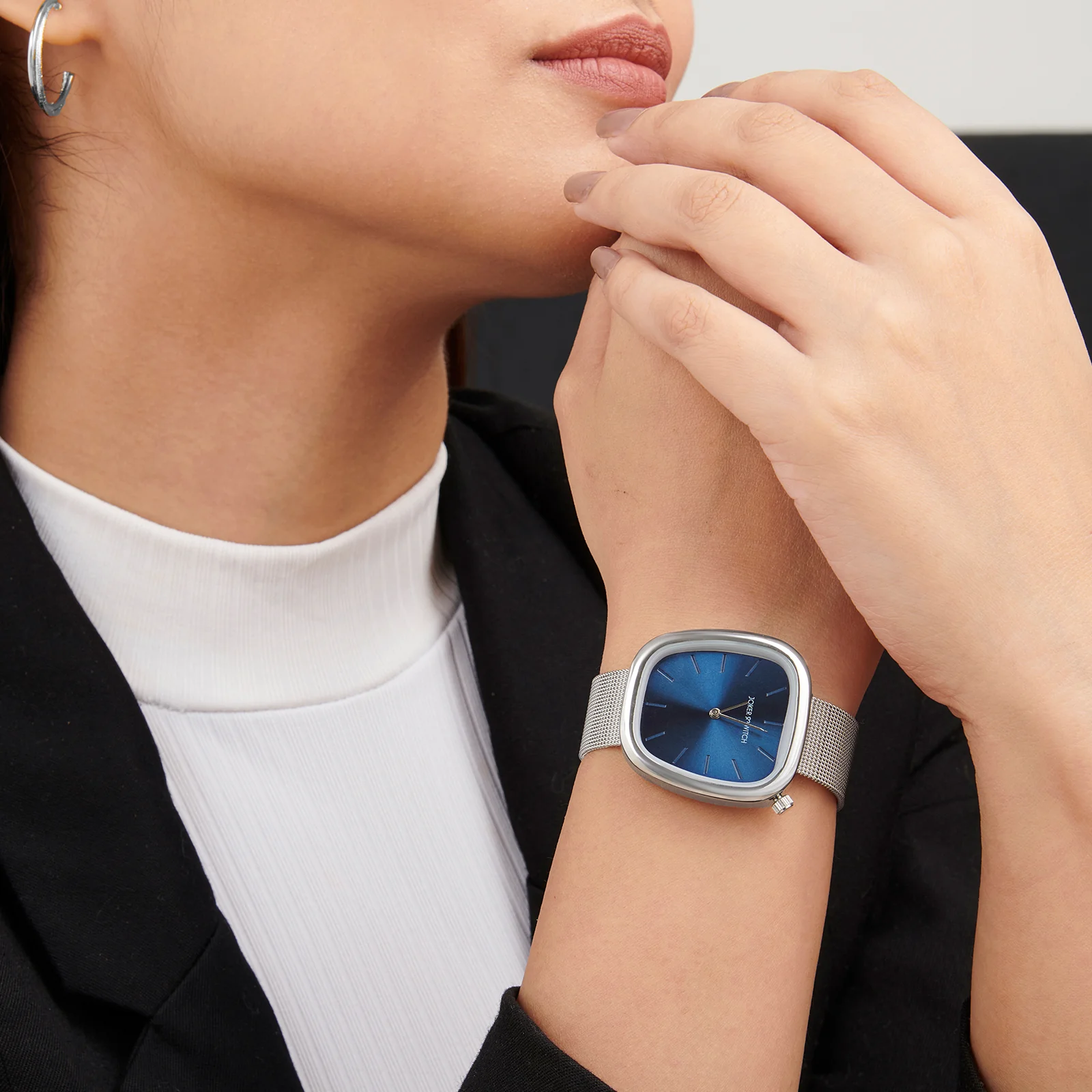 Nocturne Blue Small Square Dial Silver Mesh Strap Women's Watch - Image 2