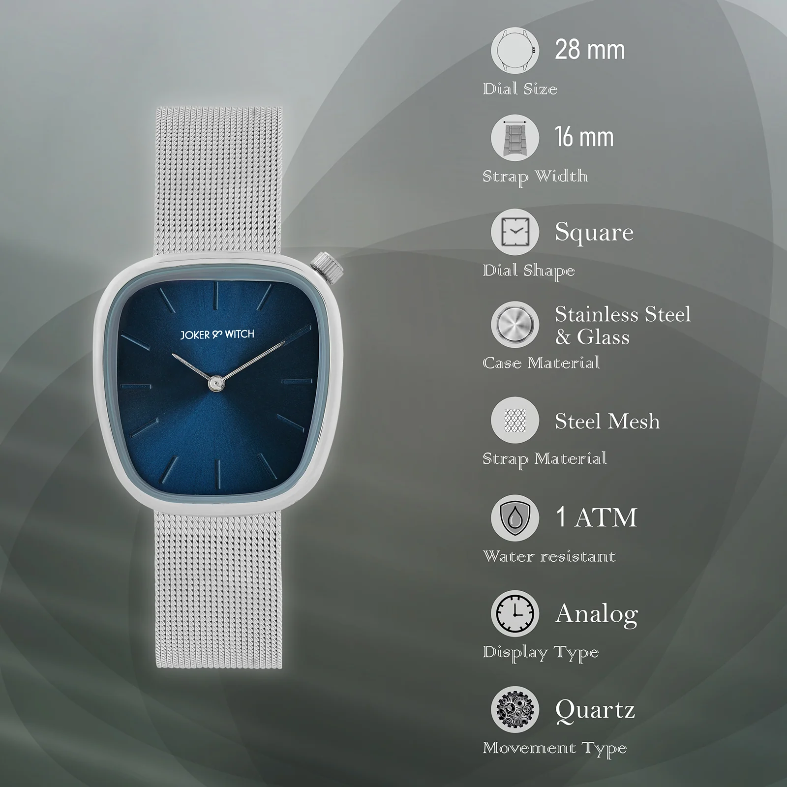 Nocturne Blue Small Square Dial Silver Mesh Strap Women's Watch - Image 7