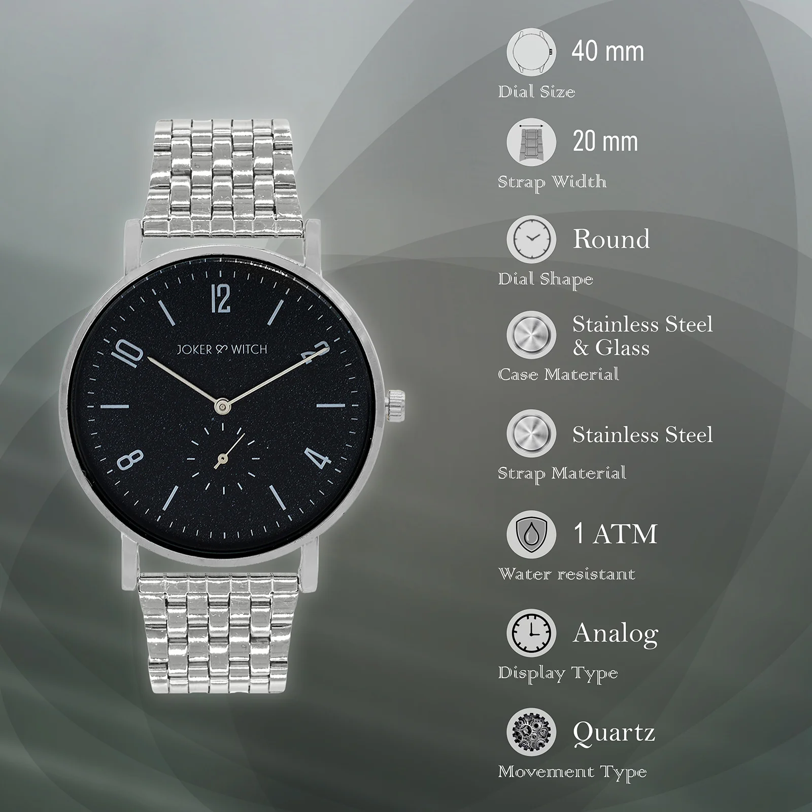Noel Black Large Dial Silver Linked Chain Strap Men's Watch - Image 6