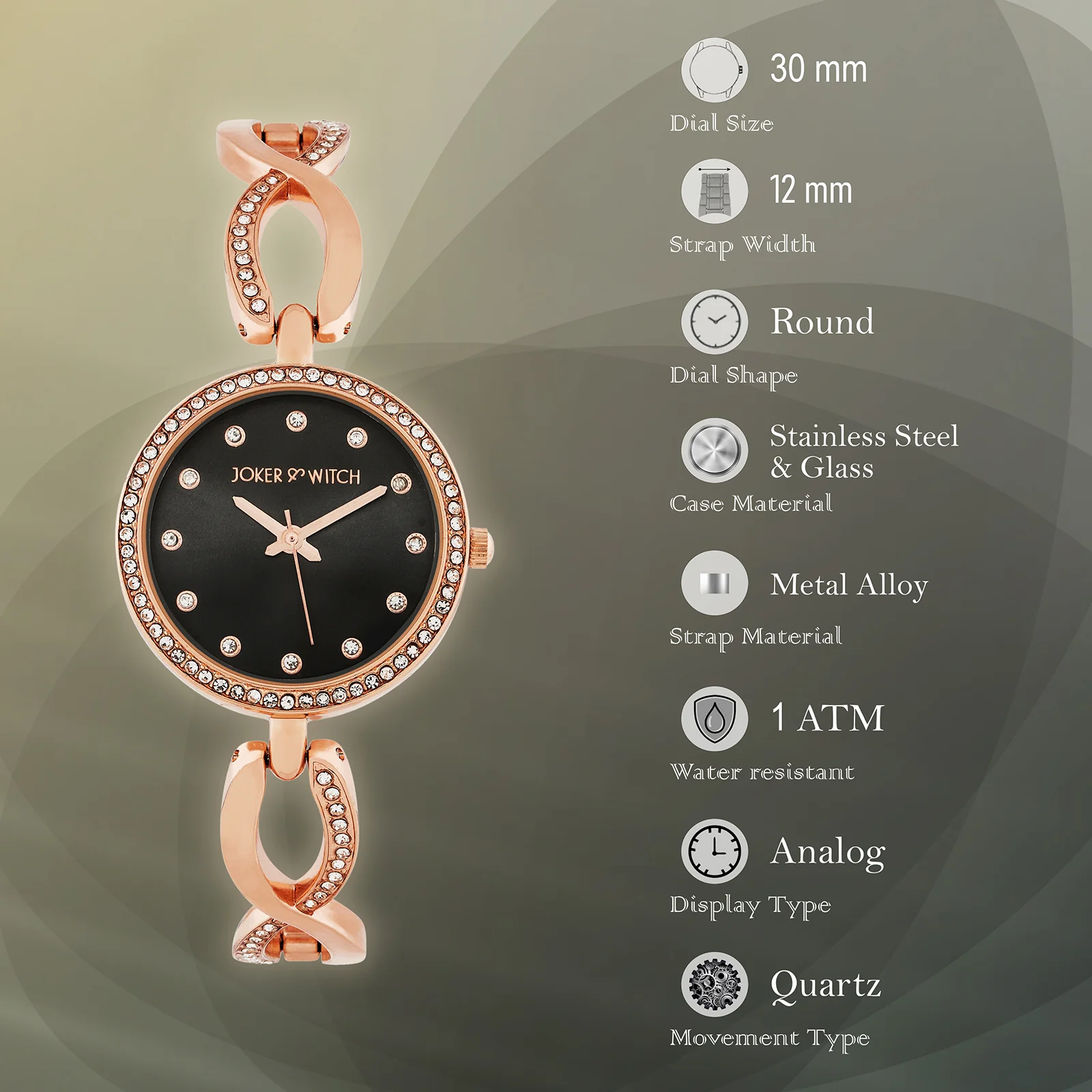 Noella Black Small Rhinestone Dial Rose Gold Bracelet Strap Women's Watch - Image 7