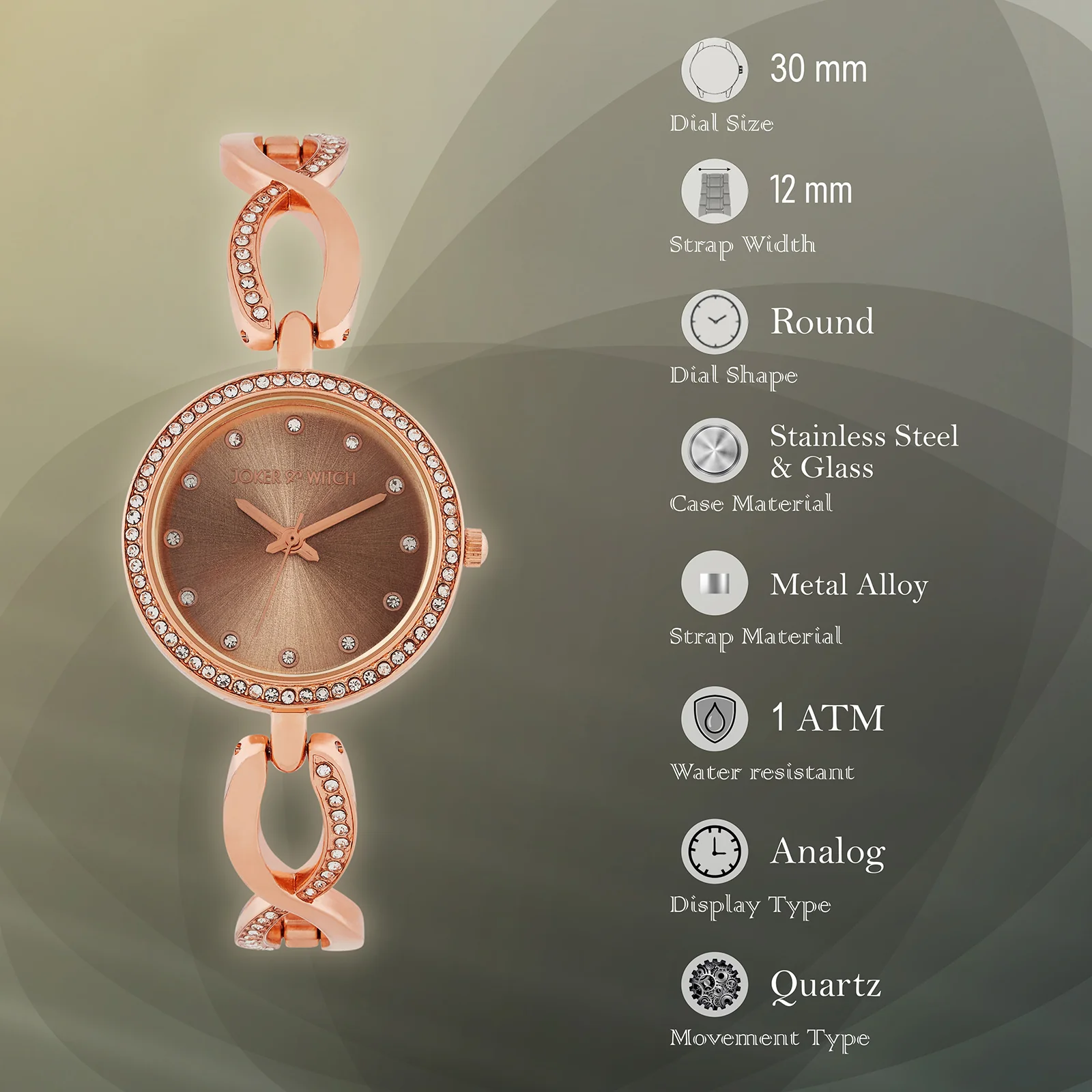 Noella Taupe Small Rhinestone Dial Rose Gold Bracelet Strap Women's Watch - Image 7