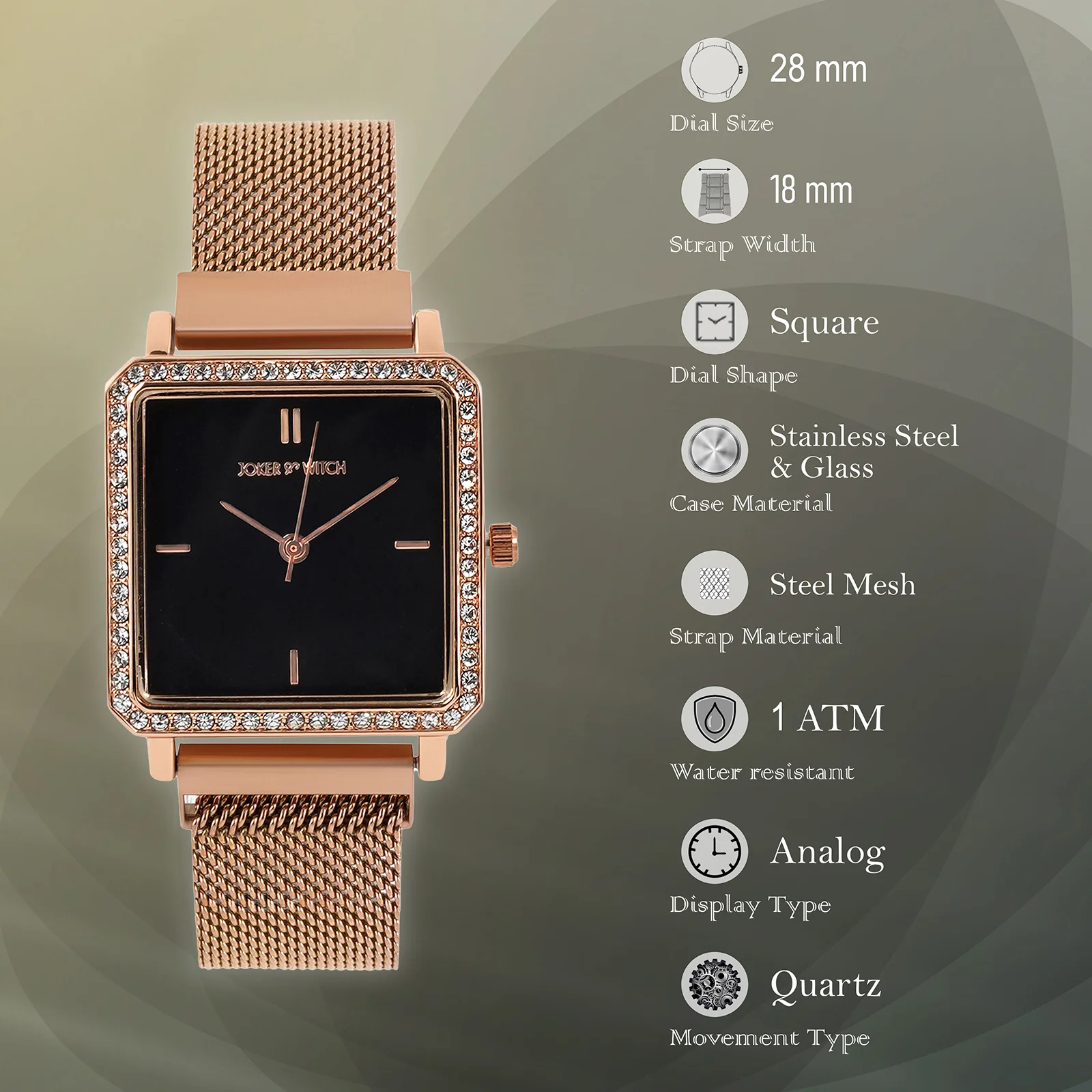 Octa Black Small Square Rhinestone Dial Rose Gold Magnetic Strap Women's Watch - Image 7