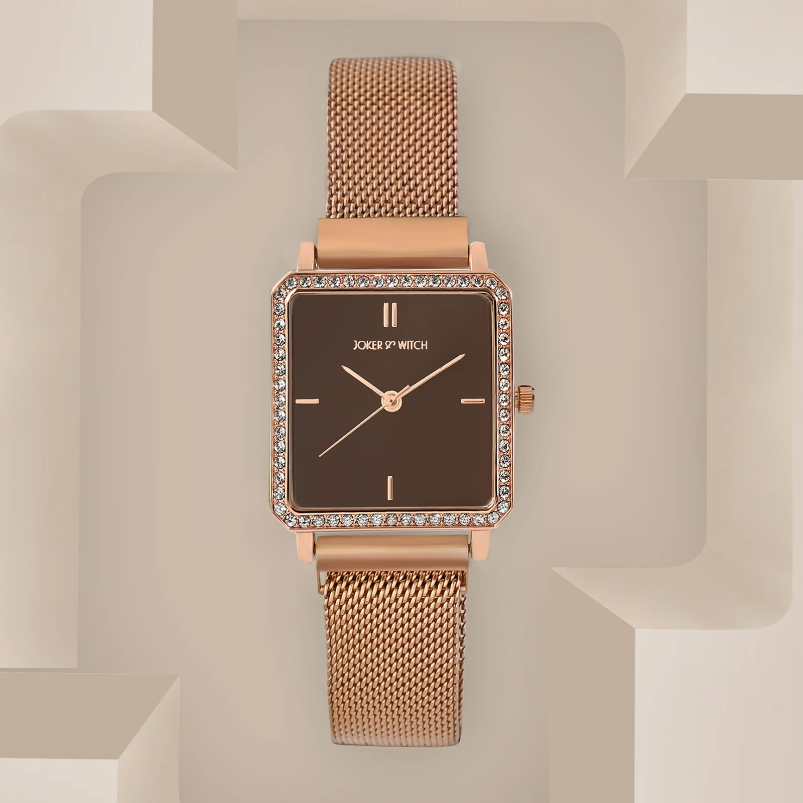 Octa Brown Small Square Rhinestone Dial Rose Gold Magnetic Strap Women's Watch - Image 3