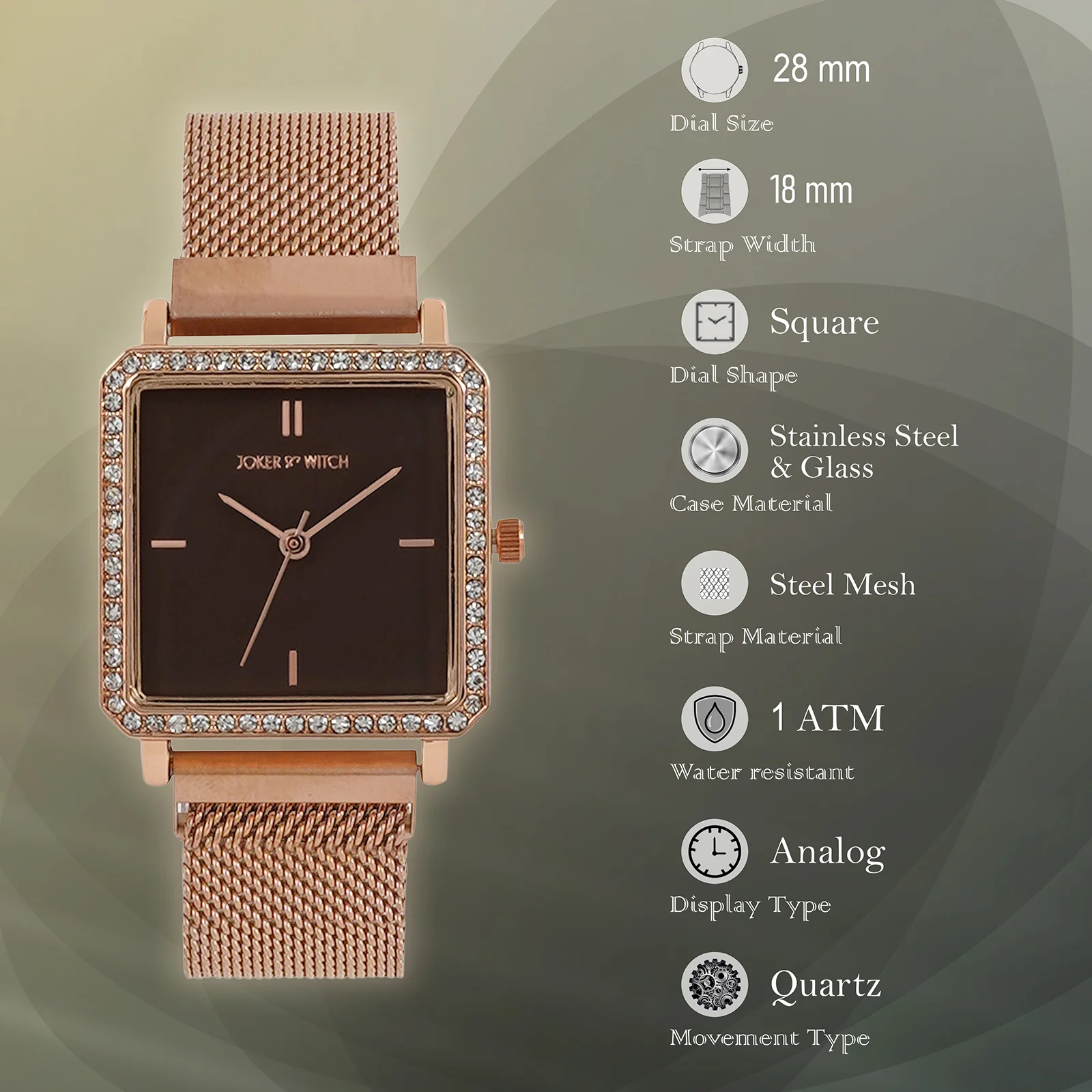 Octa Brown Small Square Rhinestone Dial Rose Gold Magnetic Strap Women's Watch - Image 7