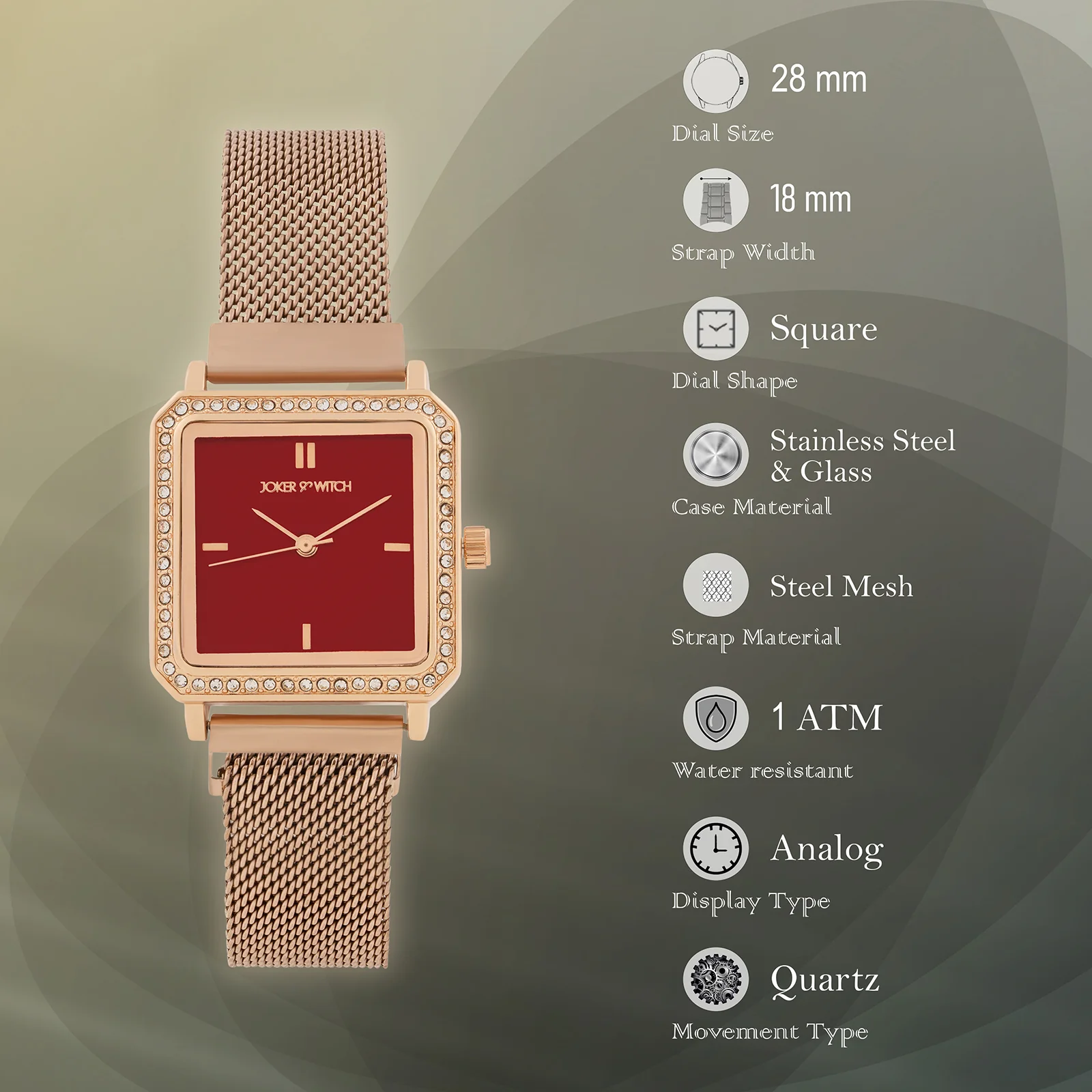 Octa Maroon Small Square Rhinestone Dial Rose Gold Magnetic Strap Women's Watch - Image 7