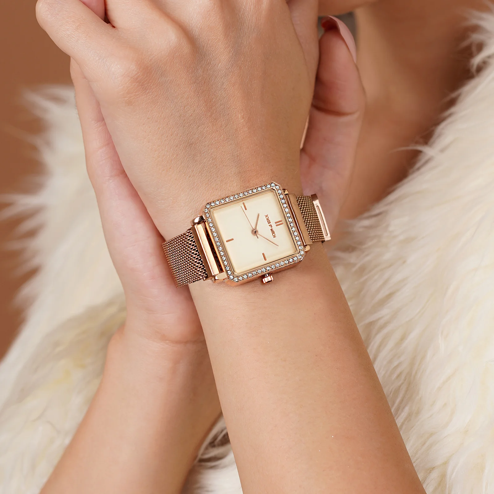 Octa Off White Small Square Rhinestone Dial Rose Gold Magnetic Strap Women's Watch - Image 2