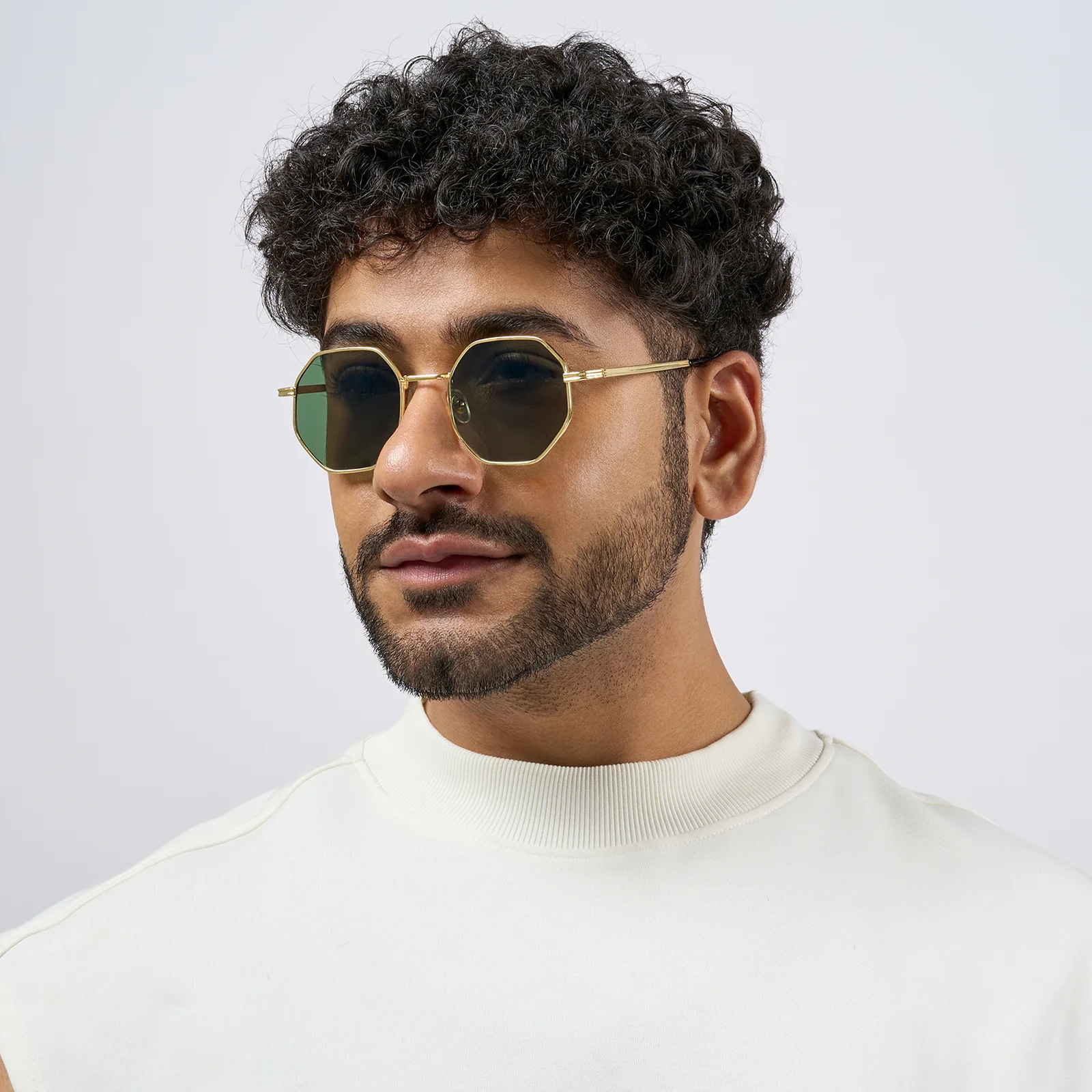 Octara Octagon Shaped Sunglasses And Gold Frames With Dark Green Lenses - Image 2