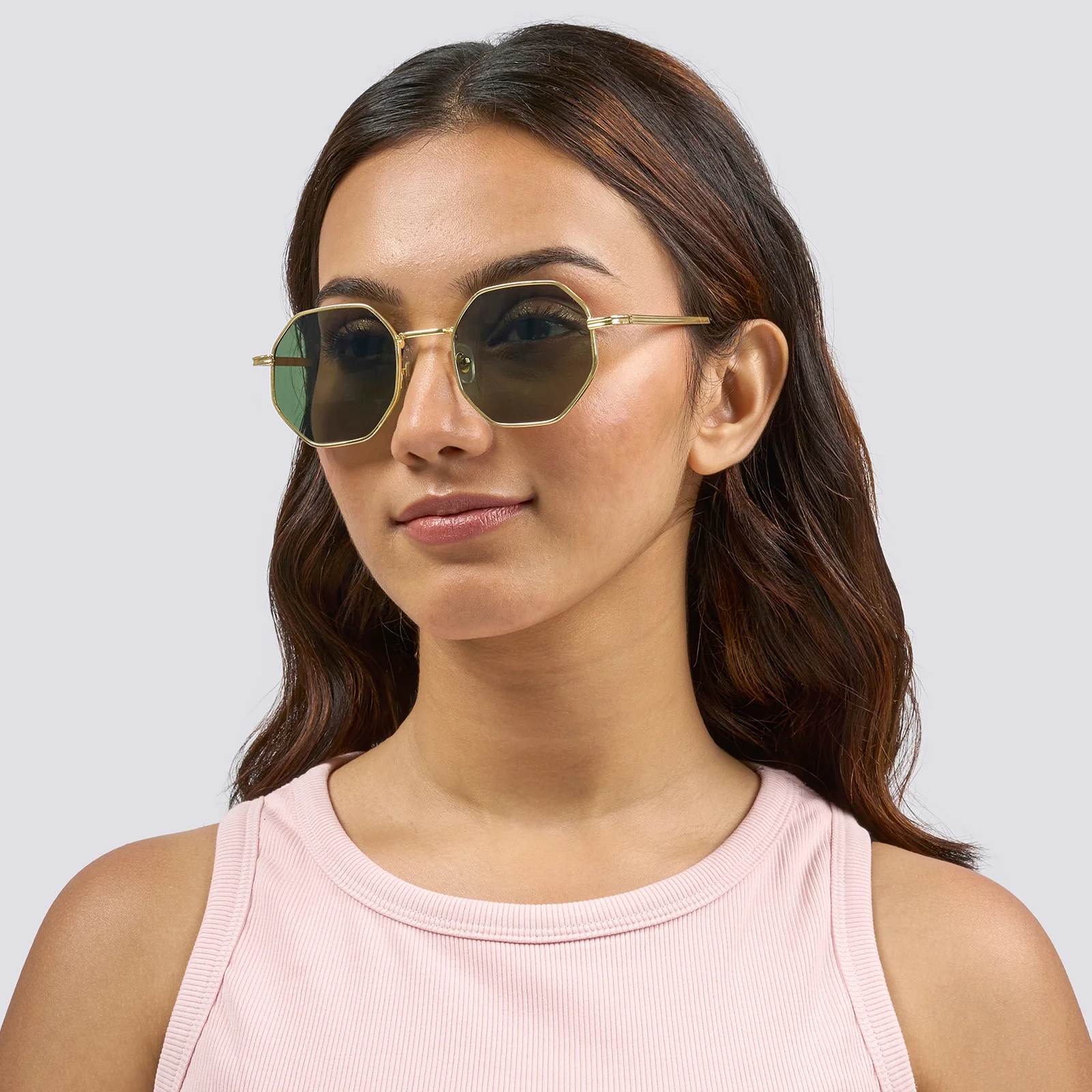 Octara Octagon Shaped Sunglasses And Gold Frames With Dark Green Lenses - Image 3