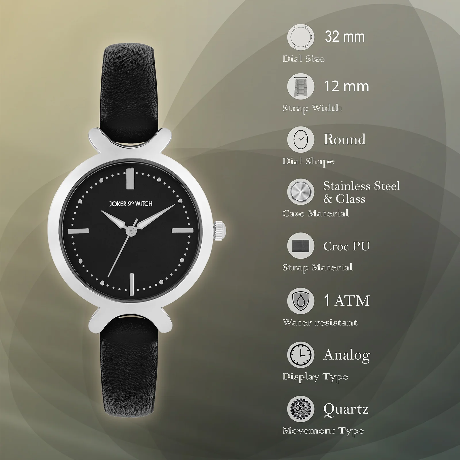 Opal Black Sunray Medium Dial Black PU Strap Women's Watch - Image 8