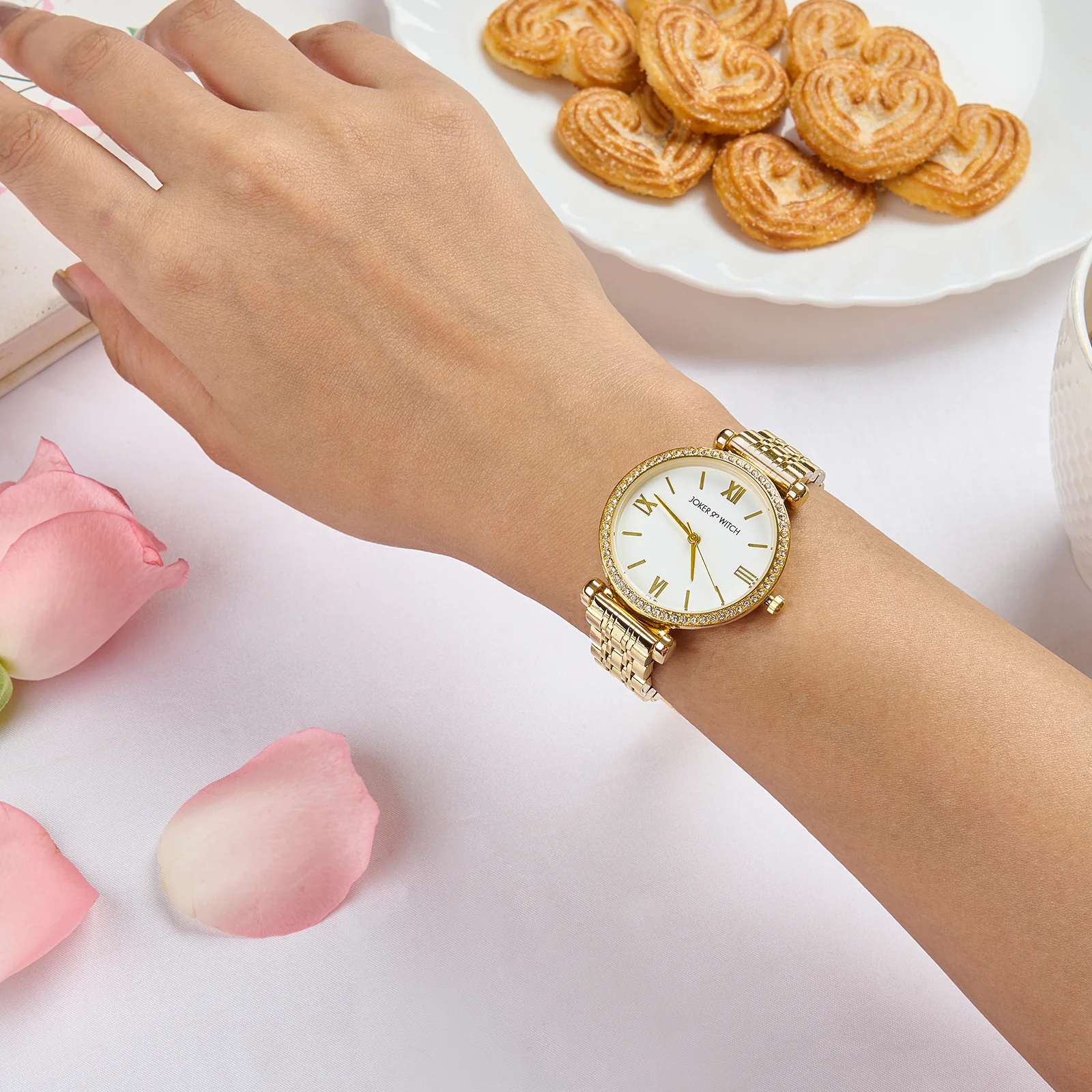 Opaline White Medium Rhinestone Dial Gold Linked Chain Strap Women's Watch - Image 2