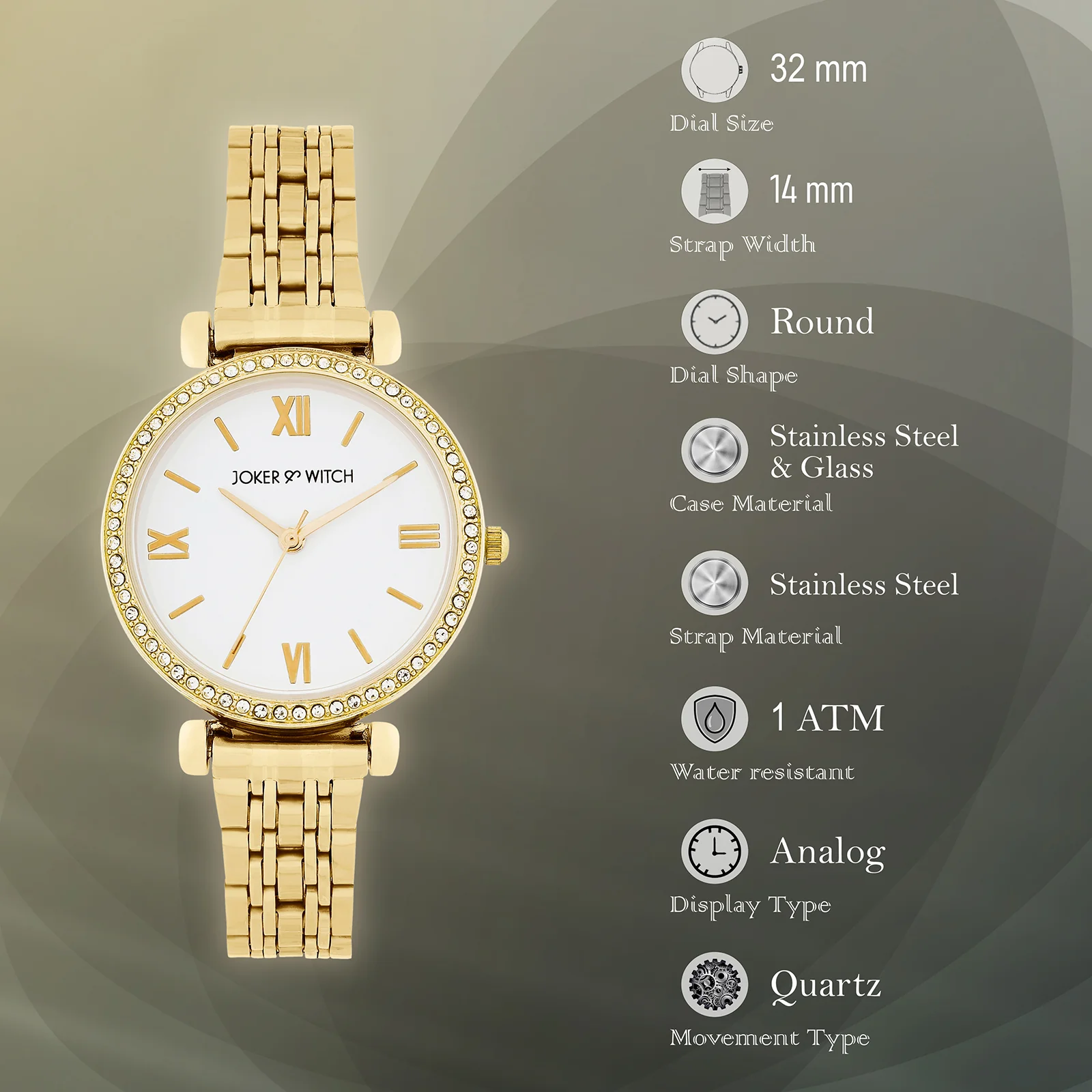 Opaline White Medium Rhinestone Dial Gold Linked Chain Strap Women's Watch - Image 7
