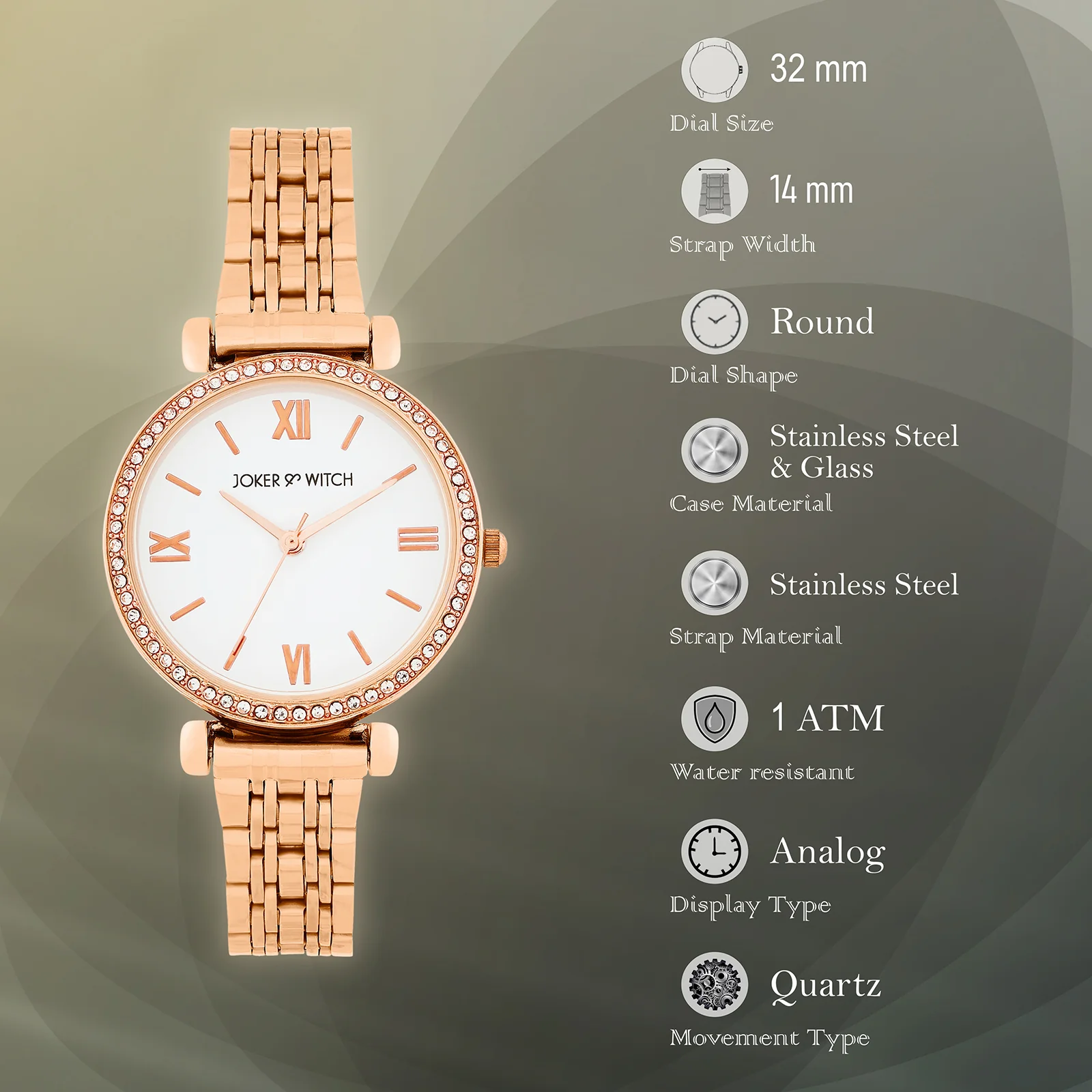 Opaline White Medium Rhinestone Dial Rose Gold Linked Chain Strap Women's Watch - Image 7