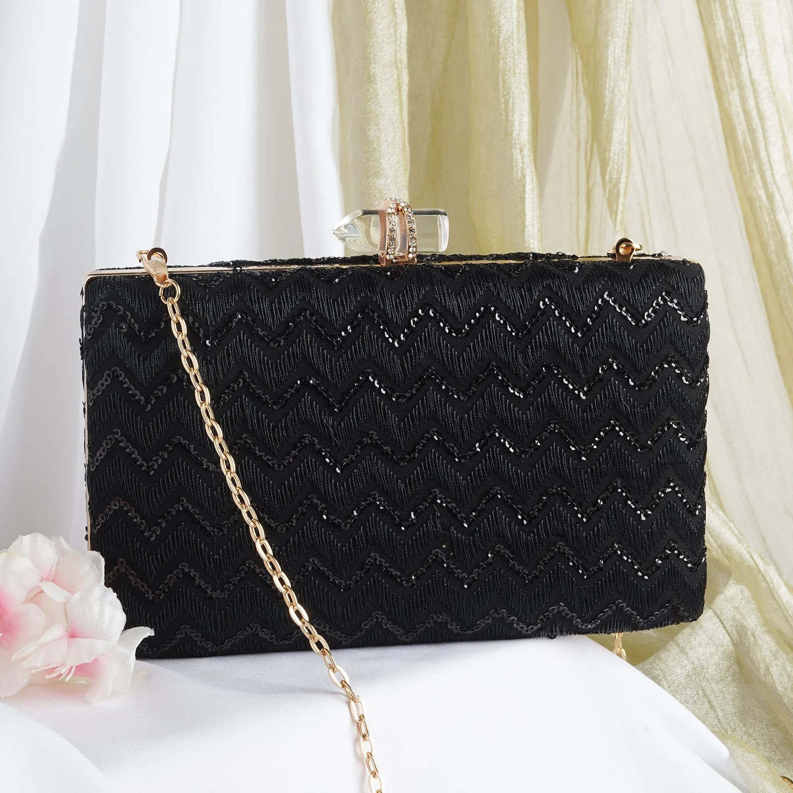 Party Wave Black Sequin Embroidered Clutch - Image 2