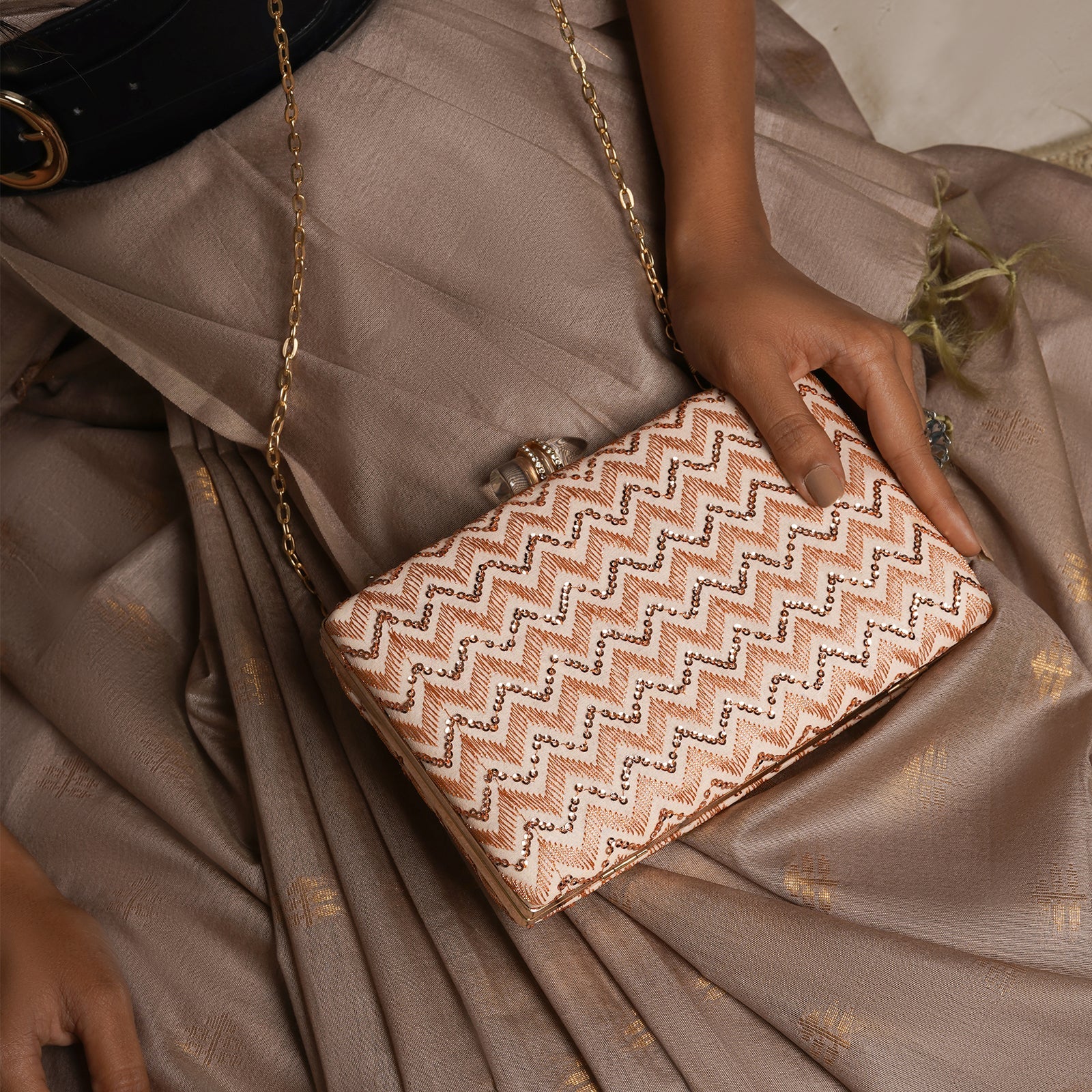Party Wave Peach Sequin Embroidered Clutch - Image 2